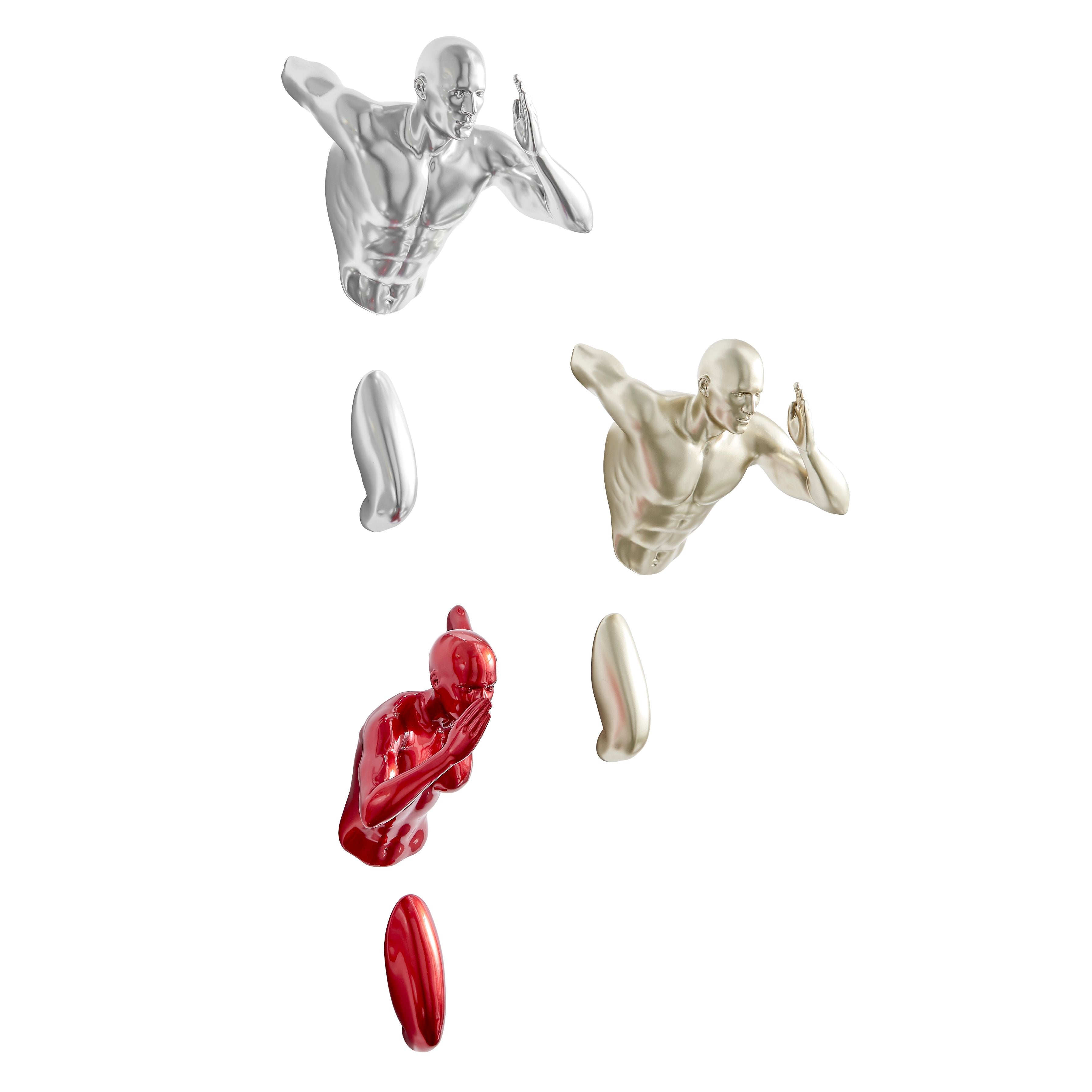 Conjunto de tres esculturas Wall Runners // Rojo metalizado, dorado y cromado