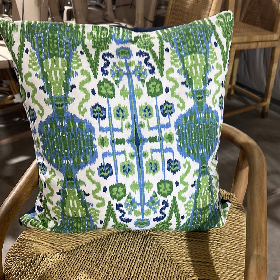 Green and Blue Ikat pillow cases with blue velvet back