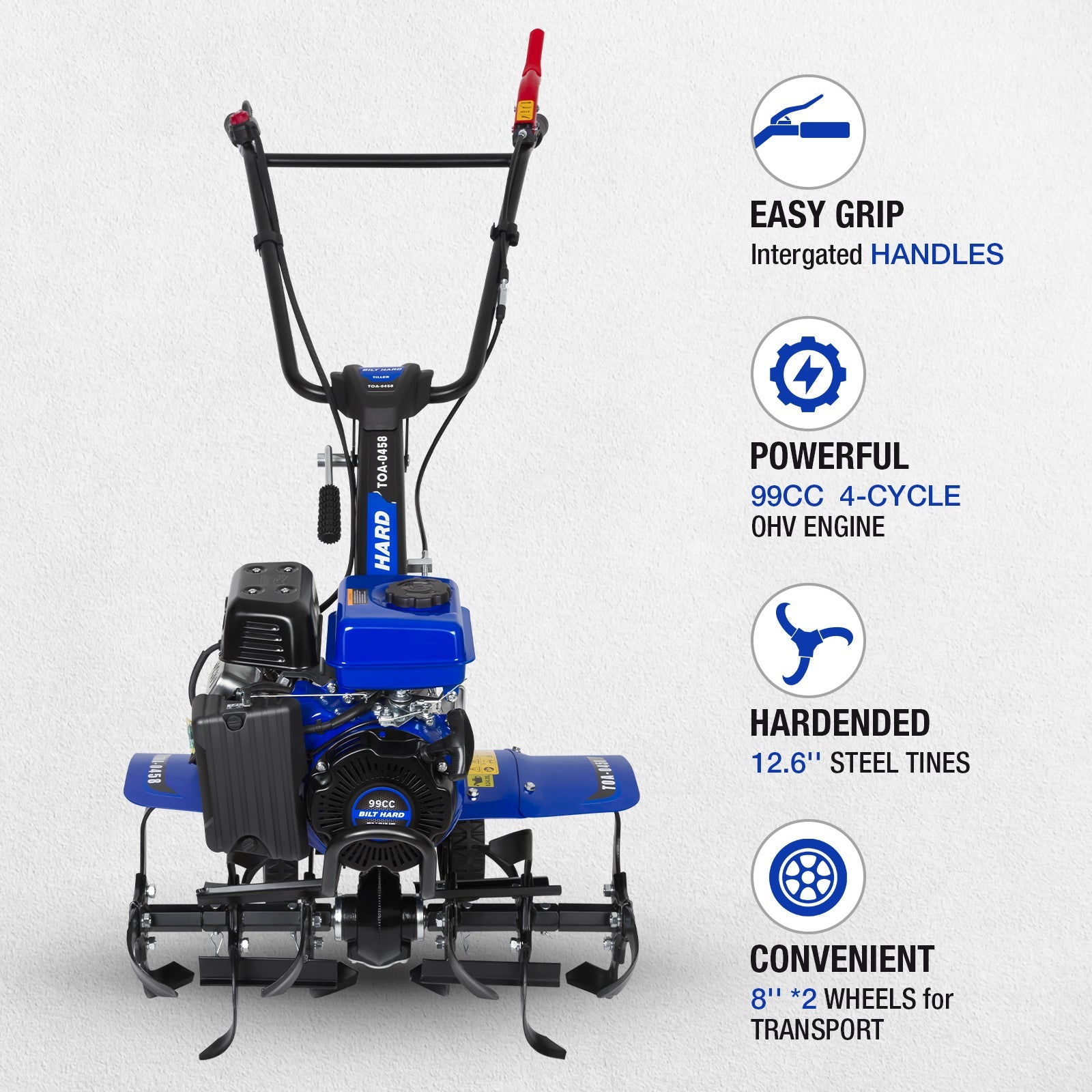 BILT HARD 17" Gas Tiller Cultivator, 99cc Engine, 11.8" Depth, Adjustable Handle & Wheels – Ideal for Weeding, Soil Prep & Garden Cultivation