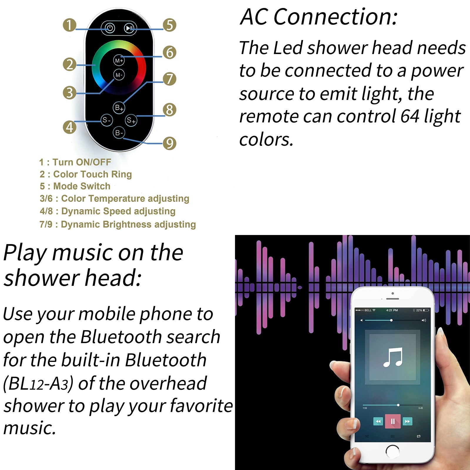 Cabezal de ducha de lluvia, cascada, niebla e hidromasaje de 16 pulgadas con montaje empotrado en oro cepillado con 64 luces LED y música Bluetooth - Grifo de ducha termostático de 5 vías con pantalla digital opcional