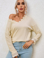 Relaxed Fit Ribbed Knit Blouse with Lace Trim