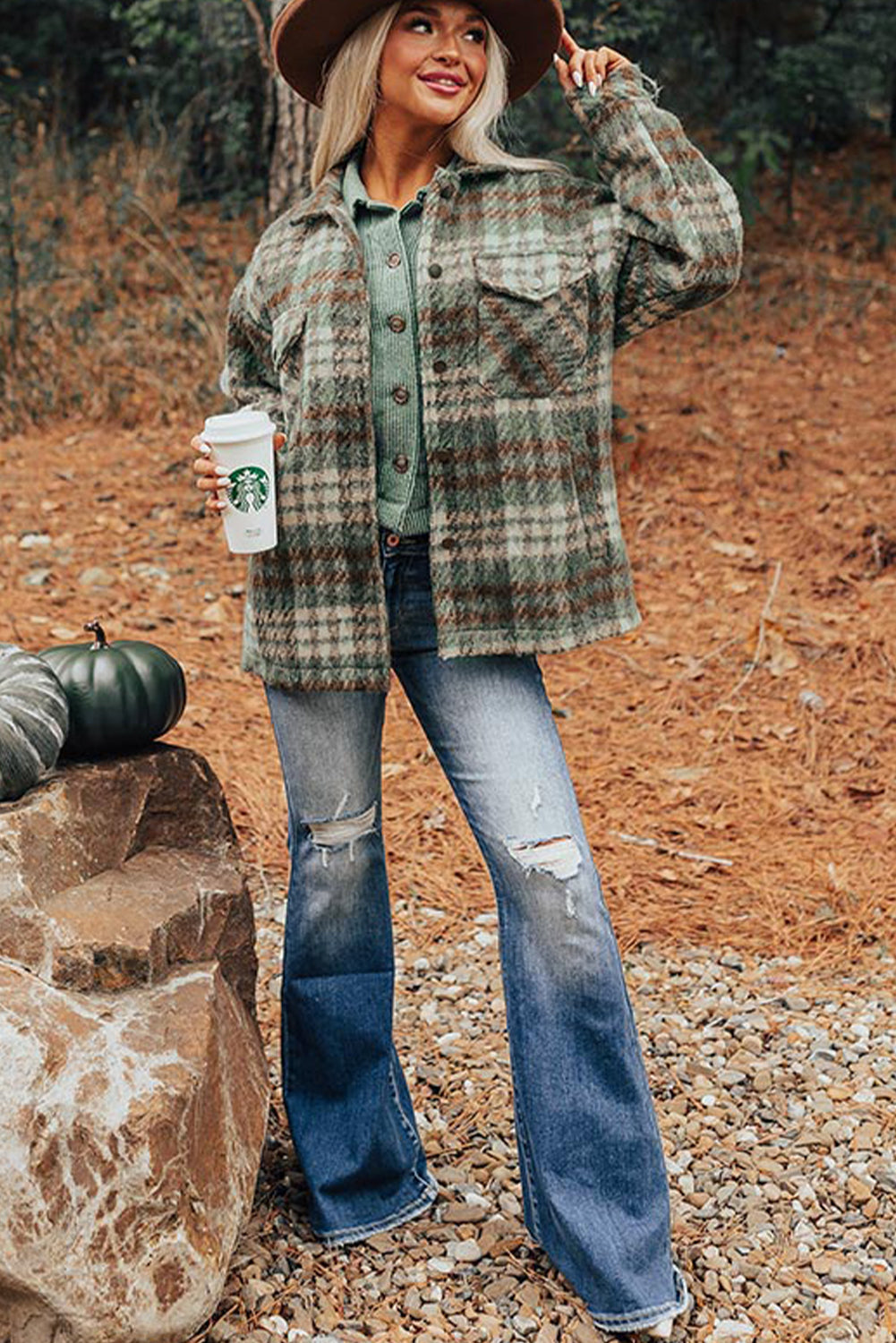 Relaxed Fit Plaid Shirt Jacket for Plus Size