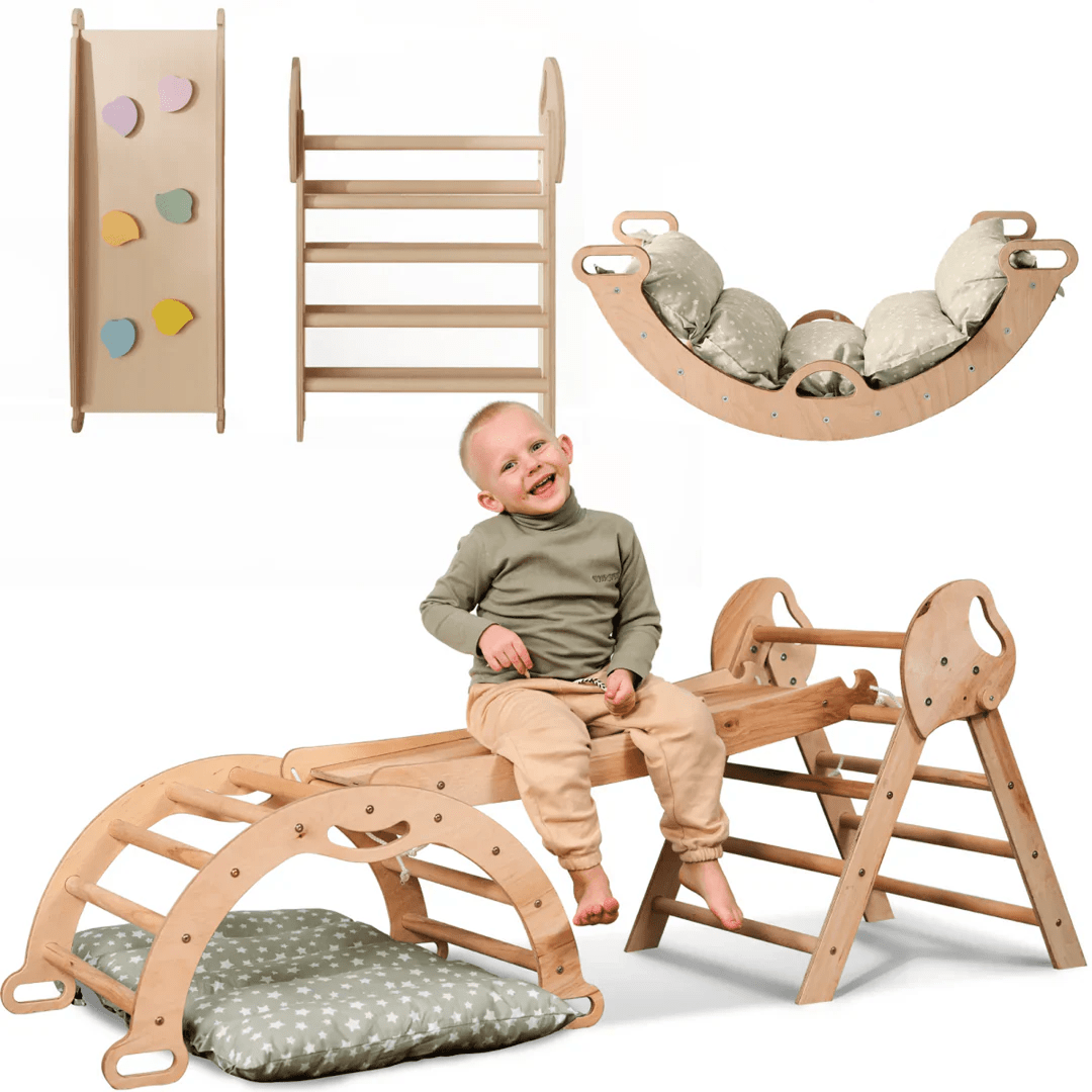 4 in 1 Montessori Climbing Set: Pikler Triangle, Arch, Slide Board, and Cushion for Toddlers (1–3 Years)