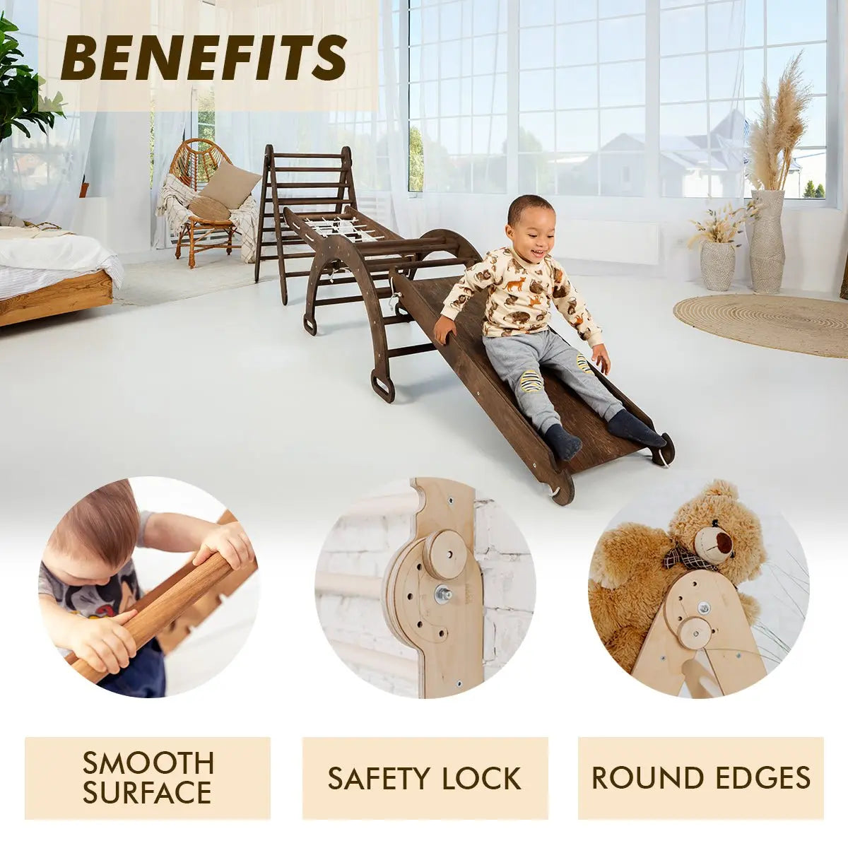 3 in 1 Montessori Climbing Set: Triangle Ladder + Slide Board + Net – Chocolate