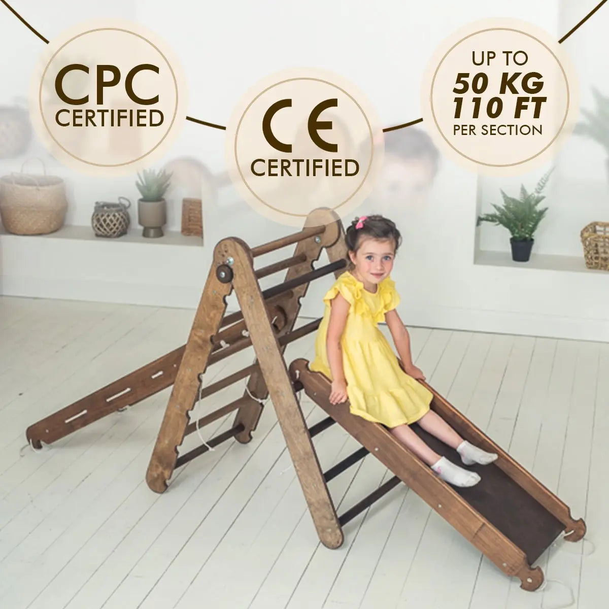 3 in 1 Montessori Climbing Set: Triangle Ladder + Slide Board + Net – Chocolate