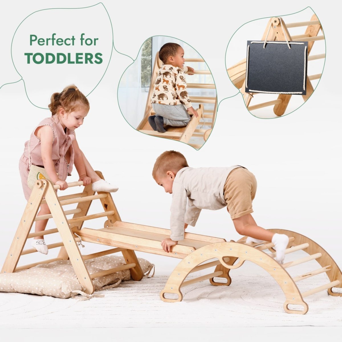 4 in 1 Montessori Climbing Set: Triangle Ladder + Climbing Arch + Slide Board + Cushion (1-3 y.o)