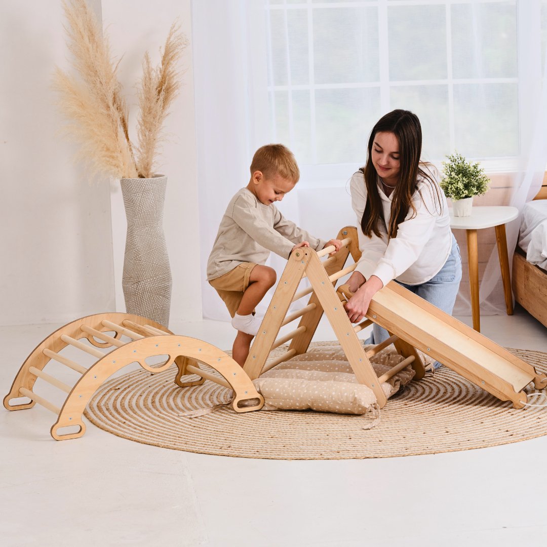 4 in 1 Montessori Climbing Set: Triangle Ladder + Climbing Arch + Slide Board + Cushion (1-3 y.o)