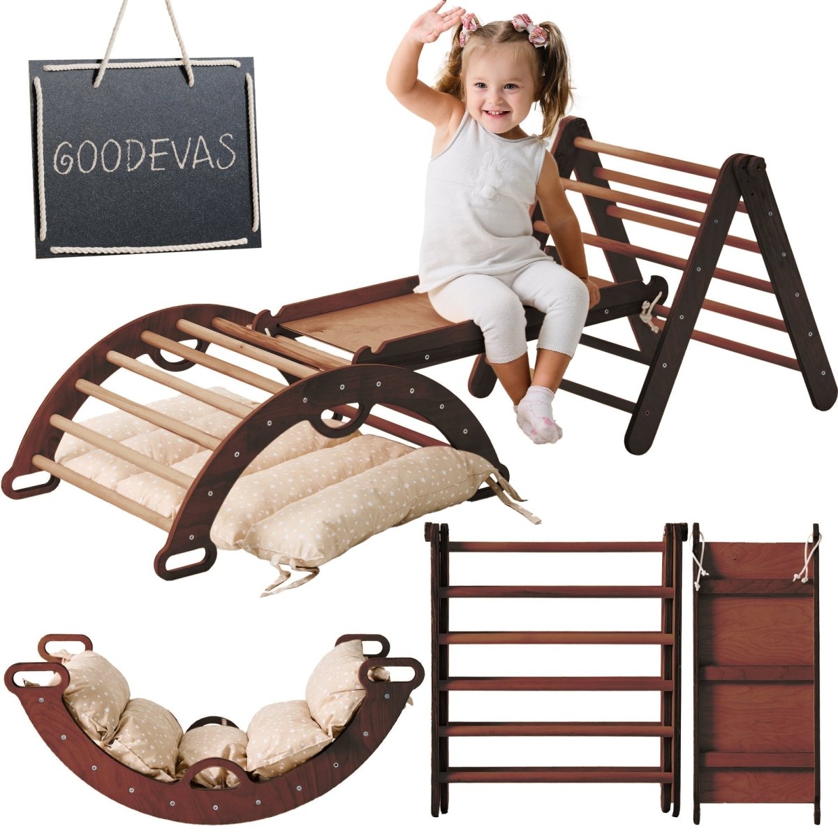 4 in 1 Montessori Climbing Set: Triangle Ladder + Climbing Arch + Slide Board + Cushion (1-3 y.o)