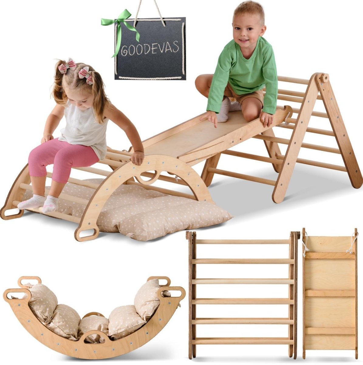 4 in 1 Montessori Climbing Set: Triangle Ladder + Climbing Arch + Slide Board + Cushion (1-3 y.o)