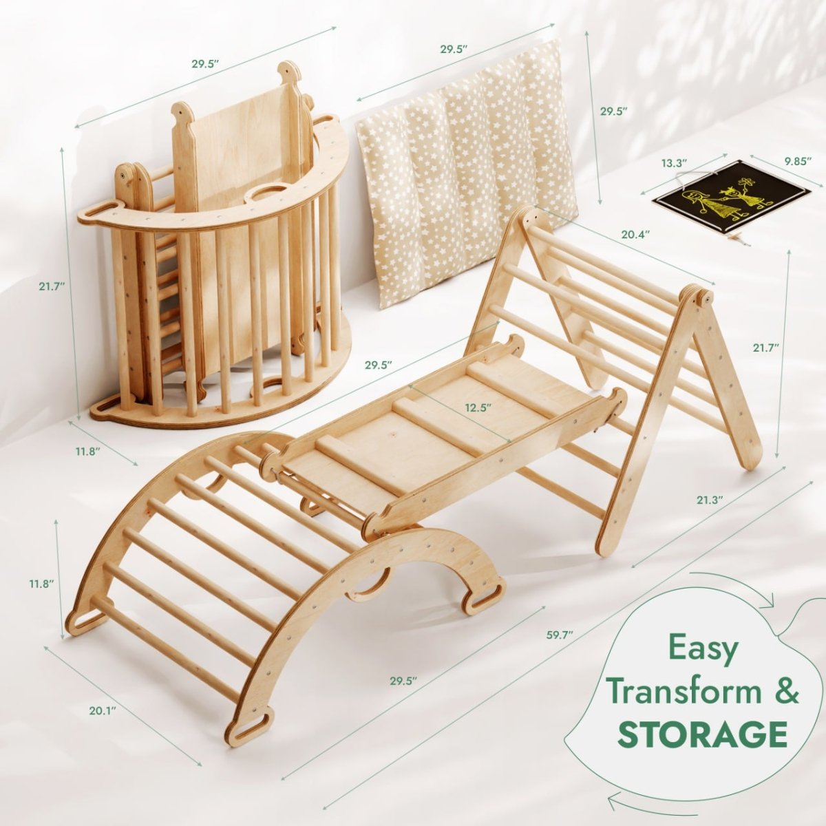 4 in 1 Montessori Climbing Set: Triangle Ladder + Climbing Arch + Slide Board + Cushion (1-3 y.o)