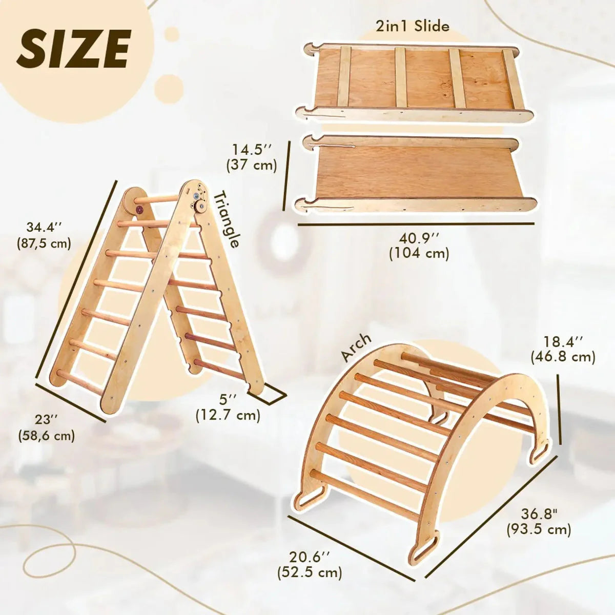 4 in 1 Montessori Climbing Set: Triangle Ladder + Climbing Arch + Slide Board & Cushion – Beige