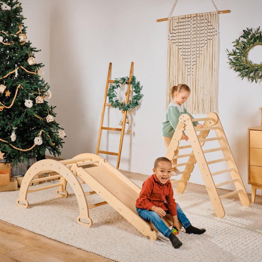 4 in 1 Montessori Climbing Set: Triangle Ladder + Climbing Arch + Slide Board & Cushion – Beige