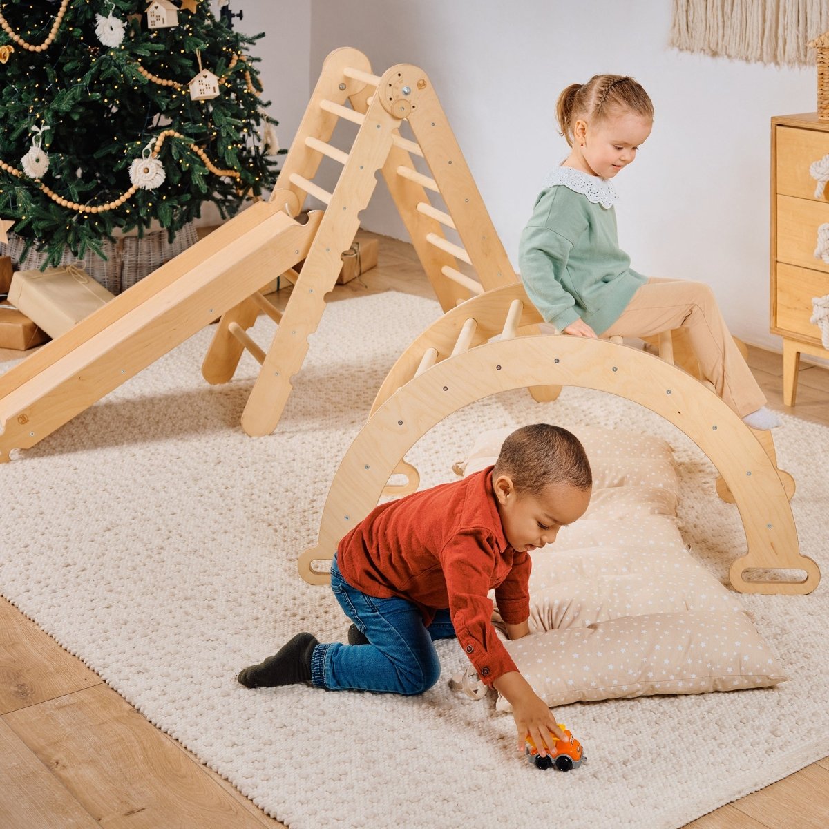 4 in 1 Montessori Climbing Set: Triangle Ladder + Climbing Arch + Slide Board & Cushion – Beige