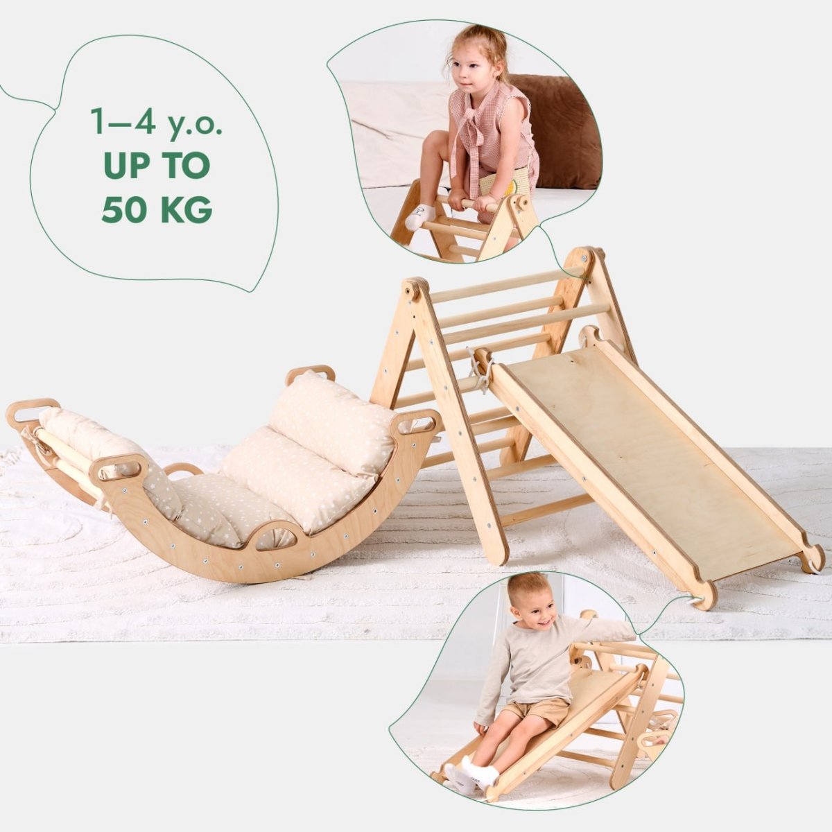 4 in 1 Montessori Climbing Set: Triangle Ladder + Climbing Arch + Slide Board + Cushion (1-3 y.o)