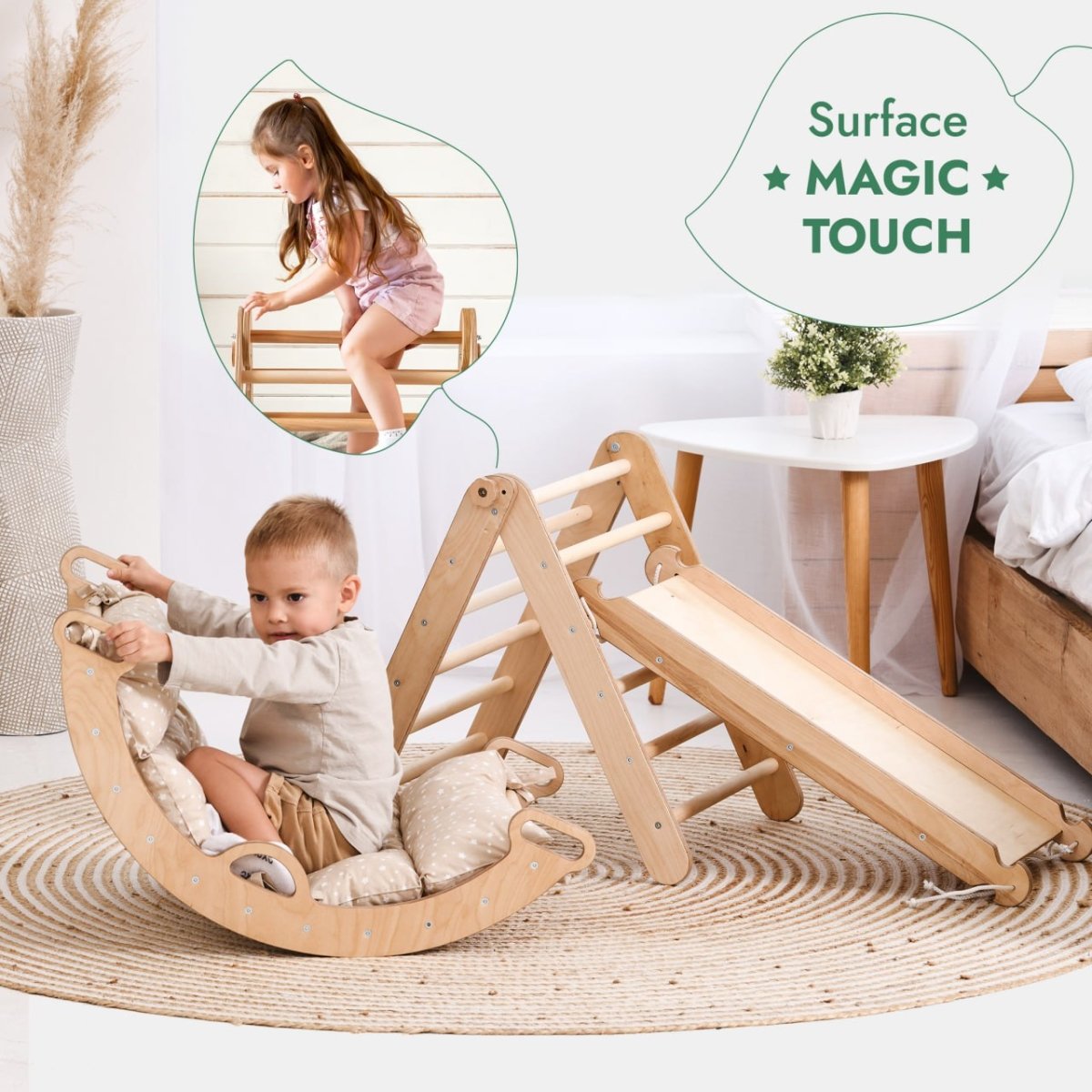 4 in 1 Montessori Climbing Set: Triangle Ladder + Climbing Arch + Slide Board + Cushion (1-3 y.o)