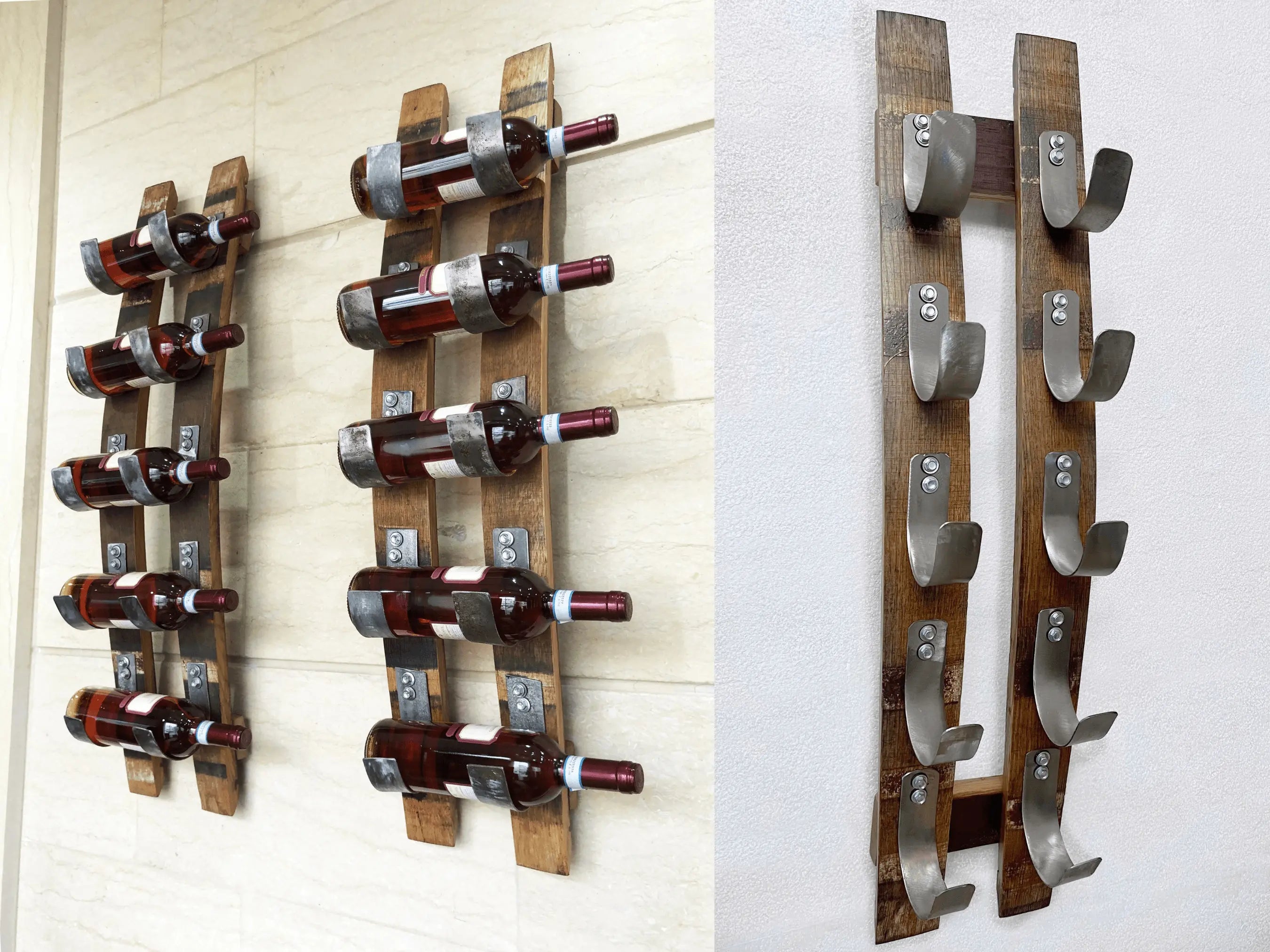 Soporte para 5 botellas de vino en forma de barril - Botellero de pared - Decoración rústica para barriles - Almacenamiento de vino único