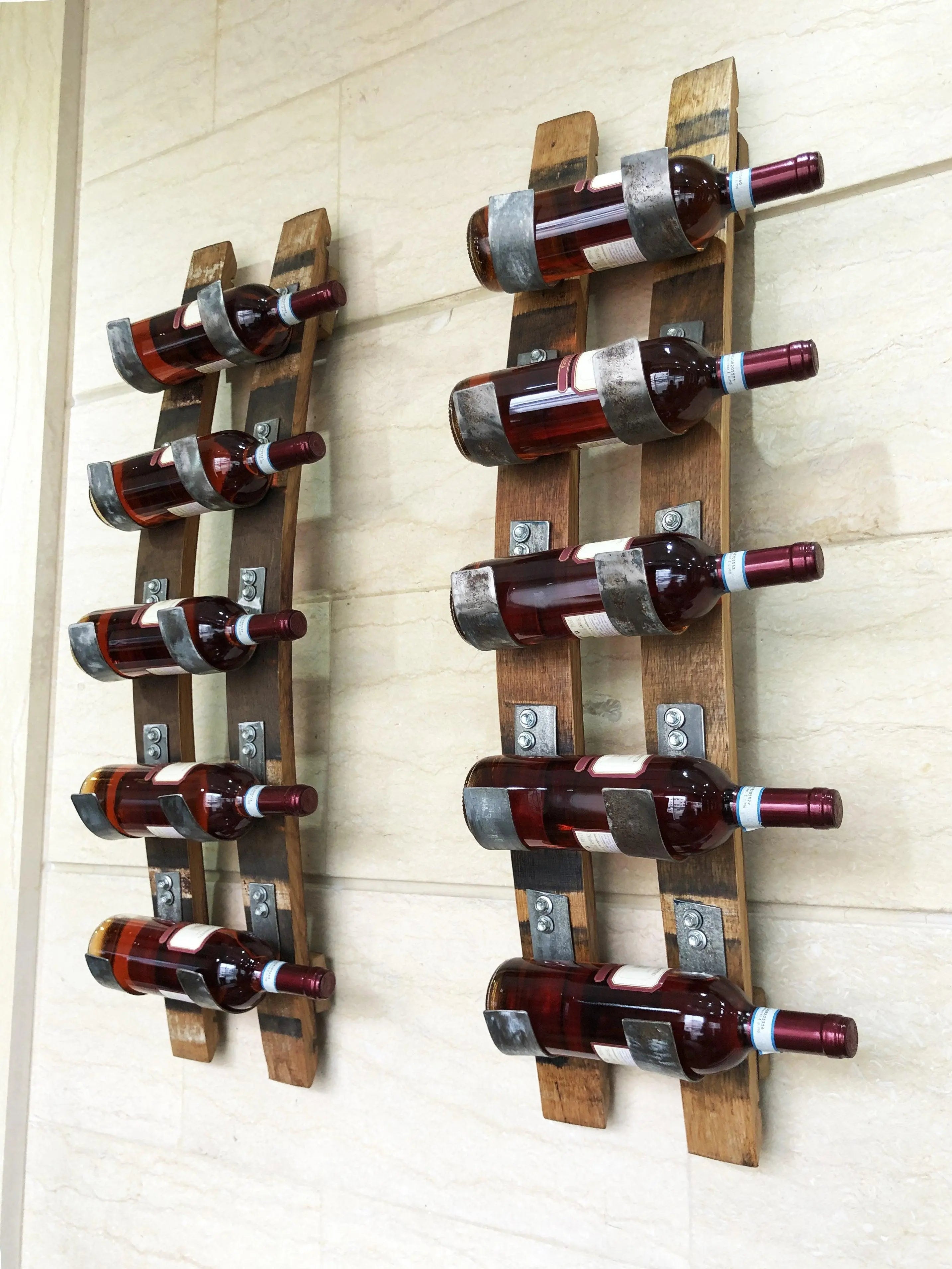 Soporte para 5 botellas de vino en forma de barril - Botellero de pared - Decoración rústica para barriles - Almacenamiento de vino único