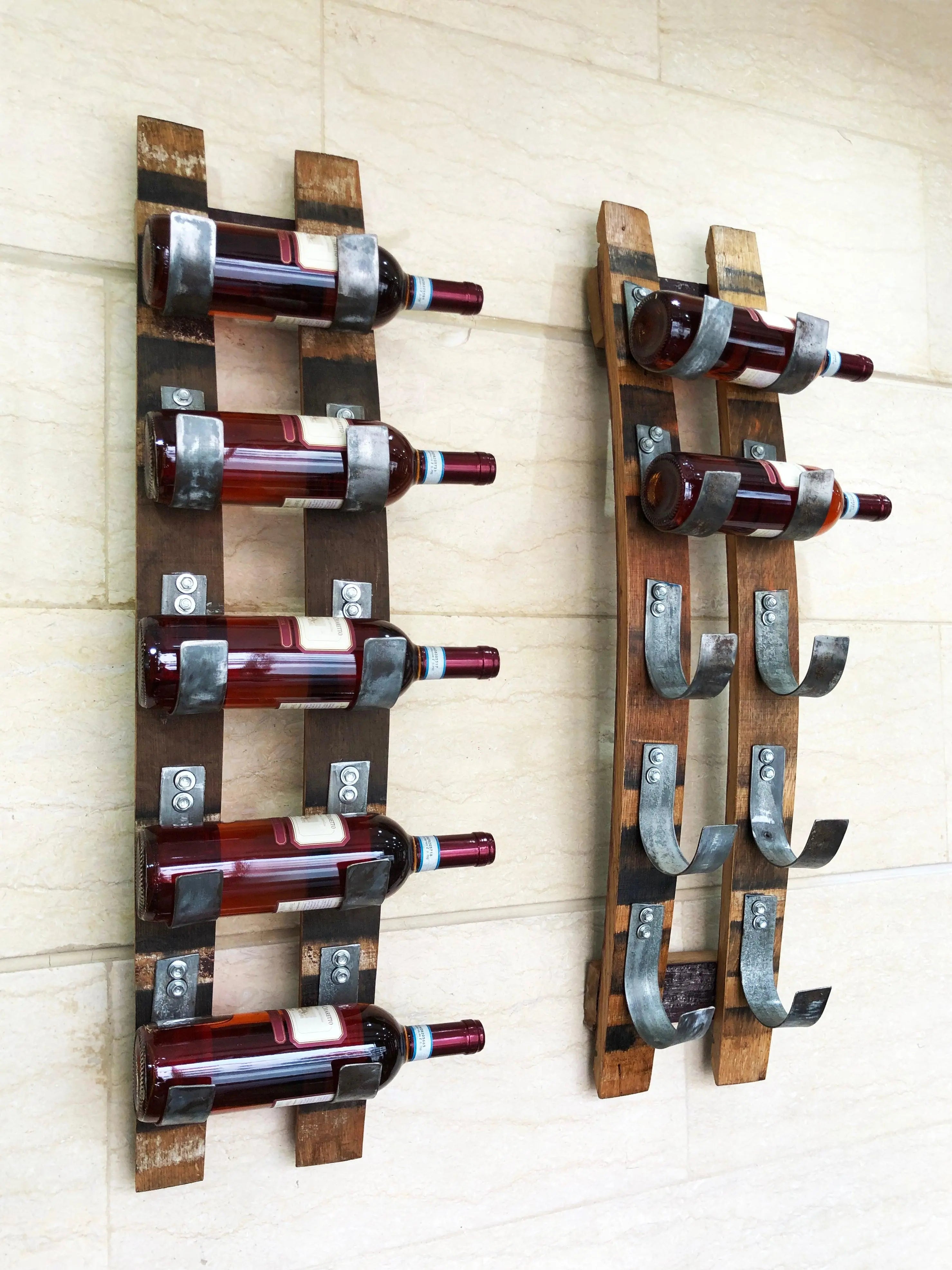 Soporte para 5 botellas de vino en forma de barril - Botellero de pared - Decoración rústica para barriles - Almacenamiento de vino único