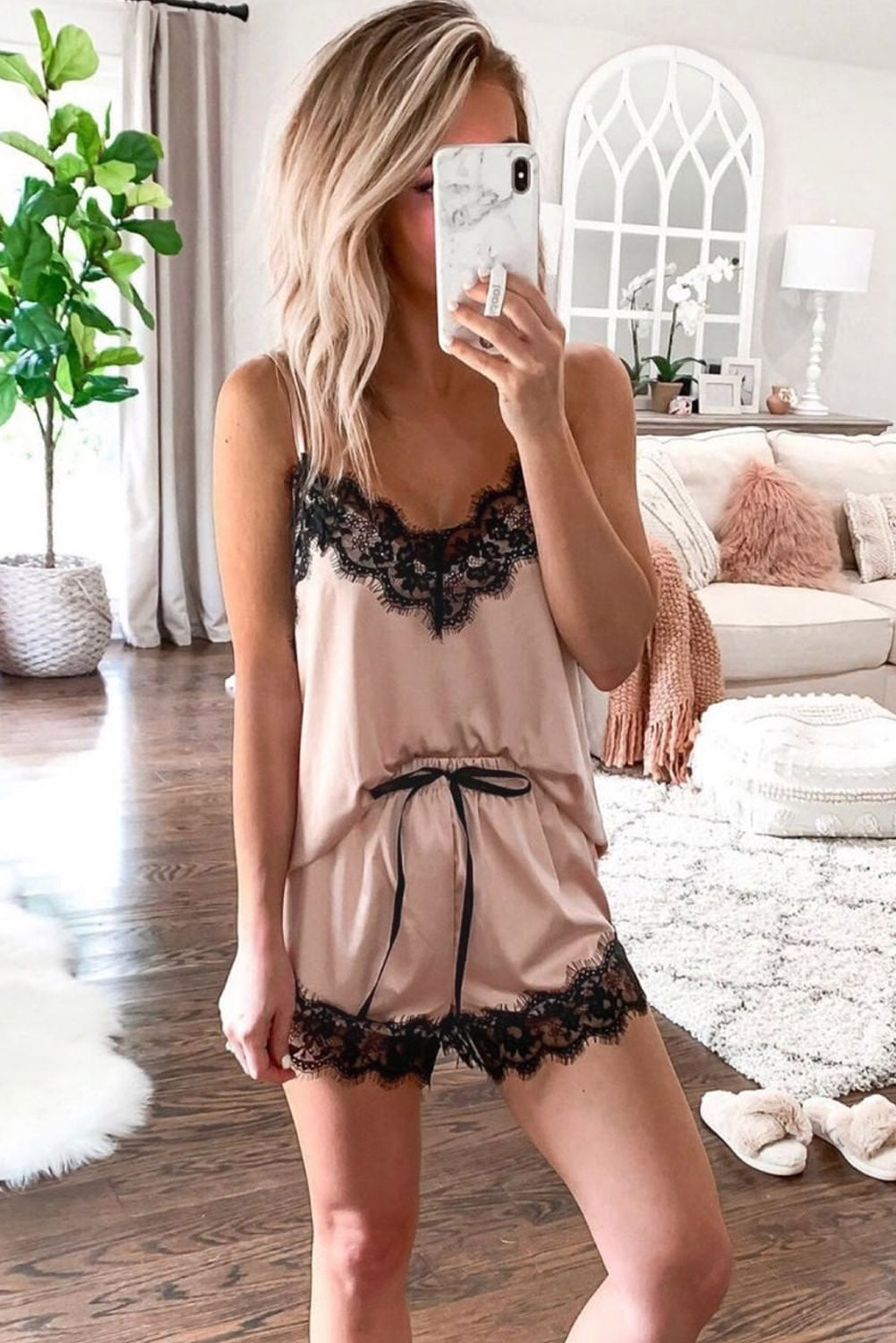 Women's 5-Piece Satin Pajama Set, Lace Trimmed