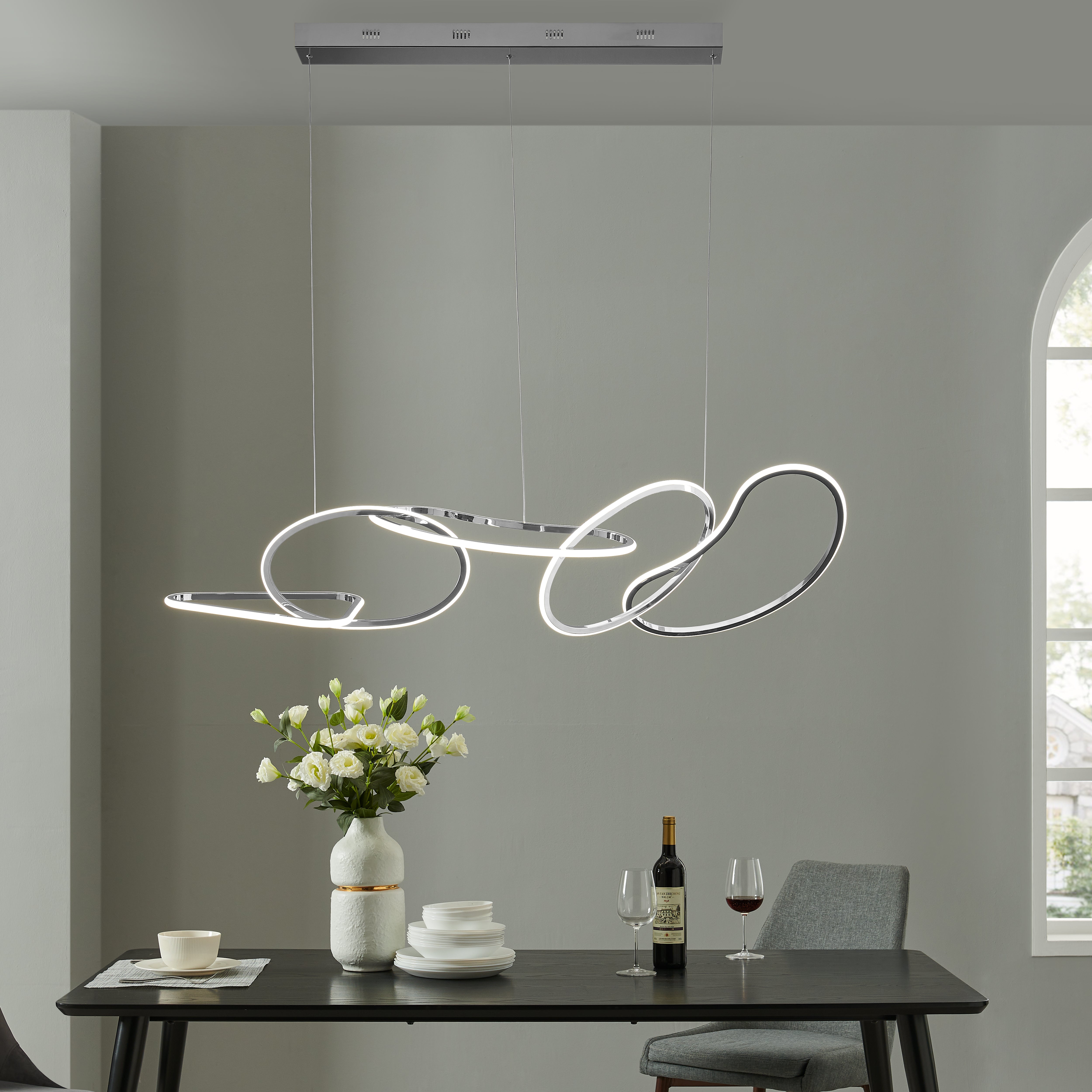 Lámpara de araña rectangular con aros LED Seoul // Cromo