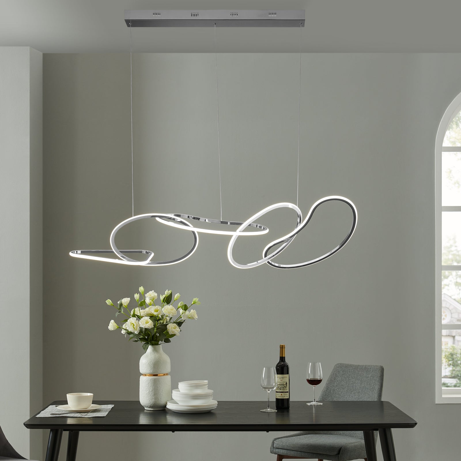 Lámpara de araña rectangular con aros LED Seoul // Cromo