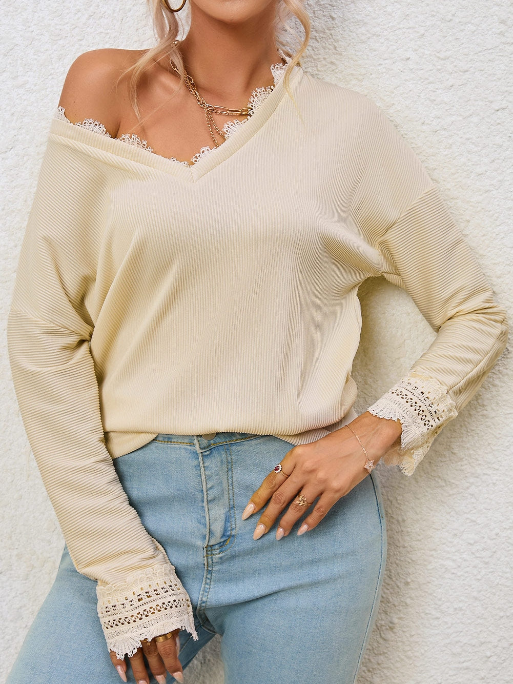 Relaxed Fit Ribbed Knit Blouse with Lace Trim