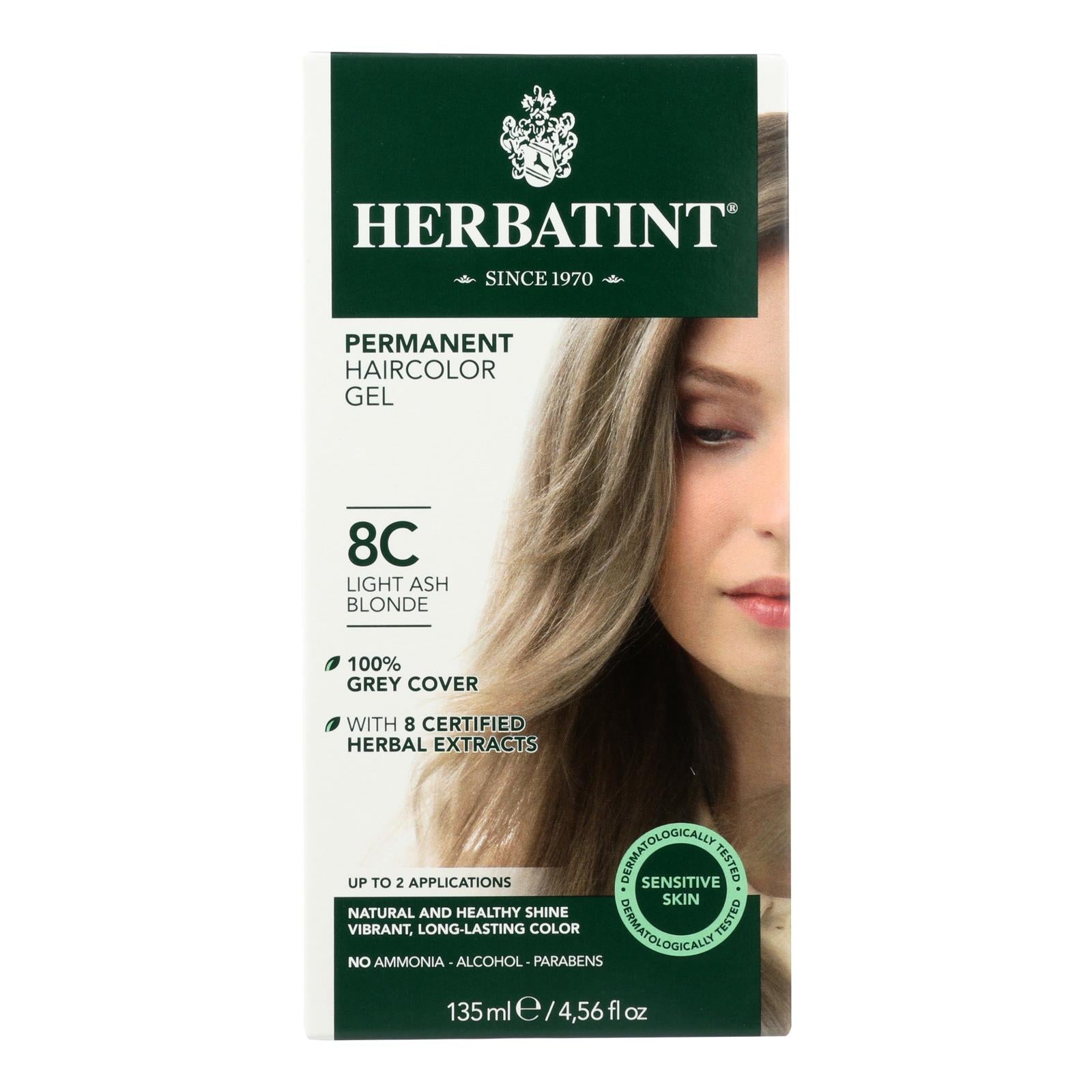 Tinte permanente en gel a base de hierbas Herbatint para un cabello sedoso y brillante en rubio ceniza claro 8C (135 ml)
