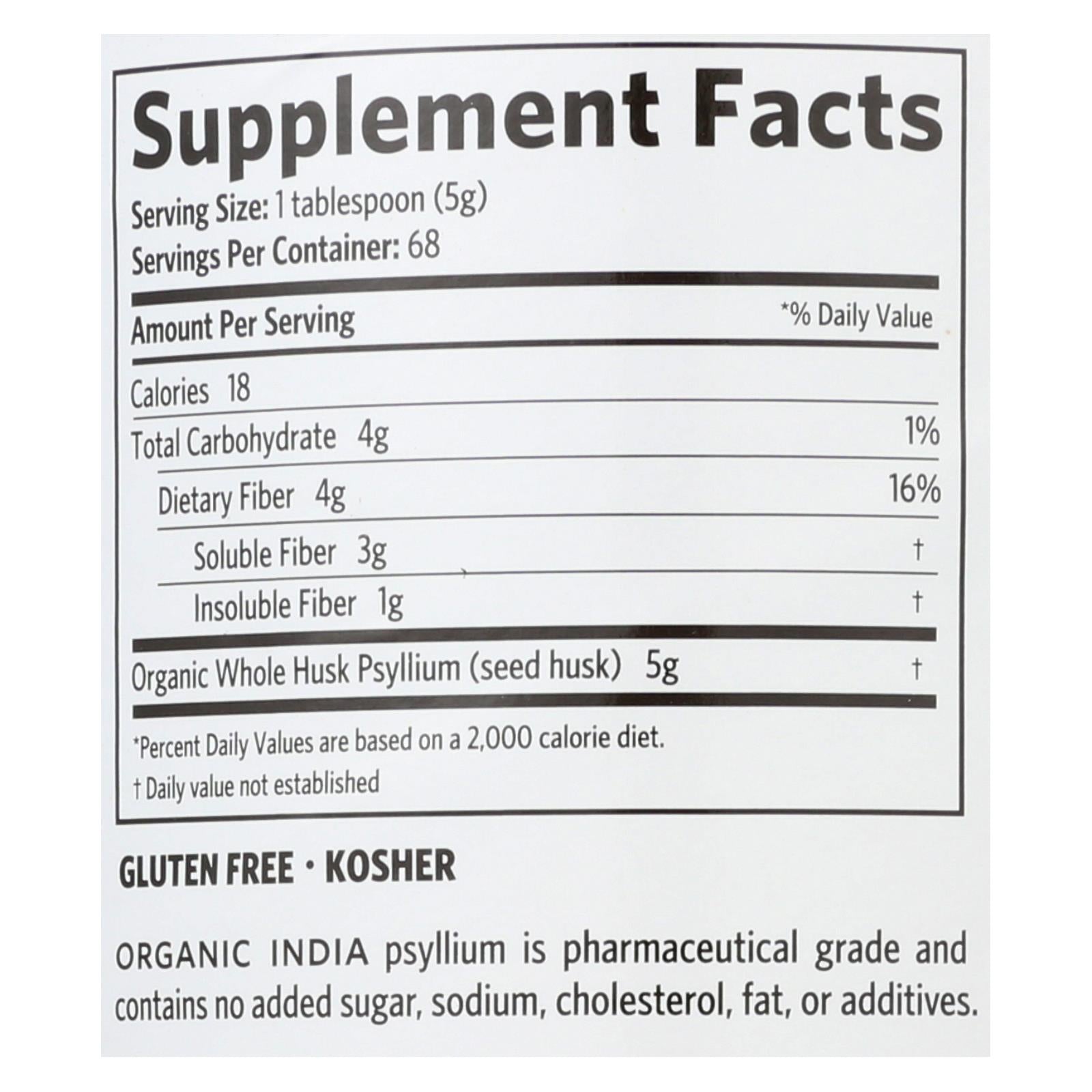 Cáscara entera de psyllium Fiber Harmony de Organic India, 12 oz.