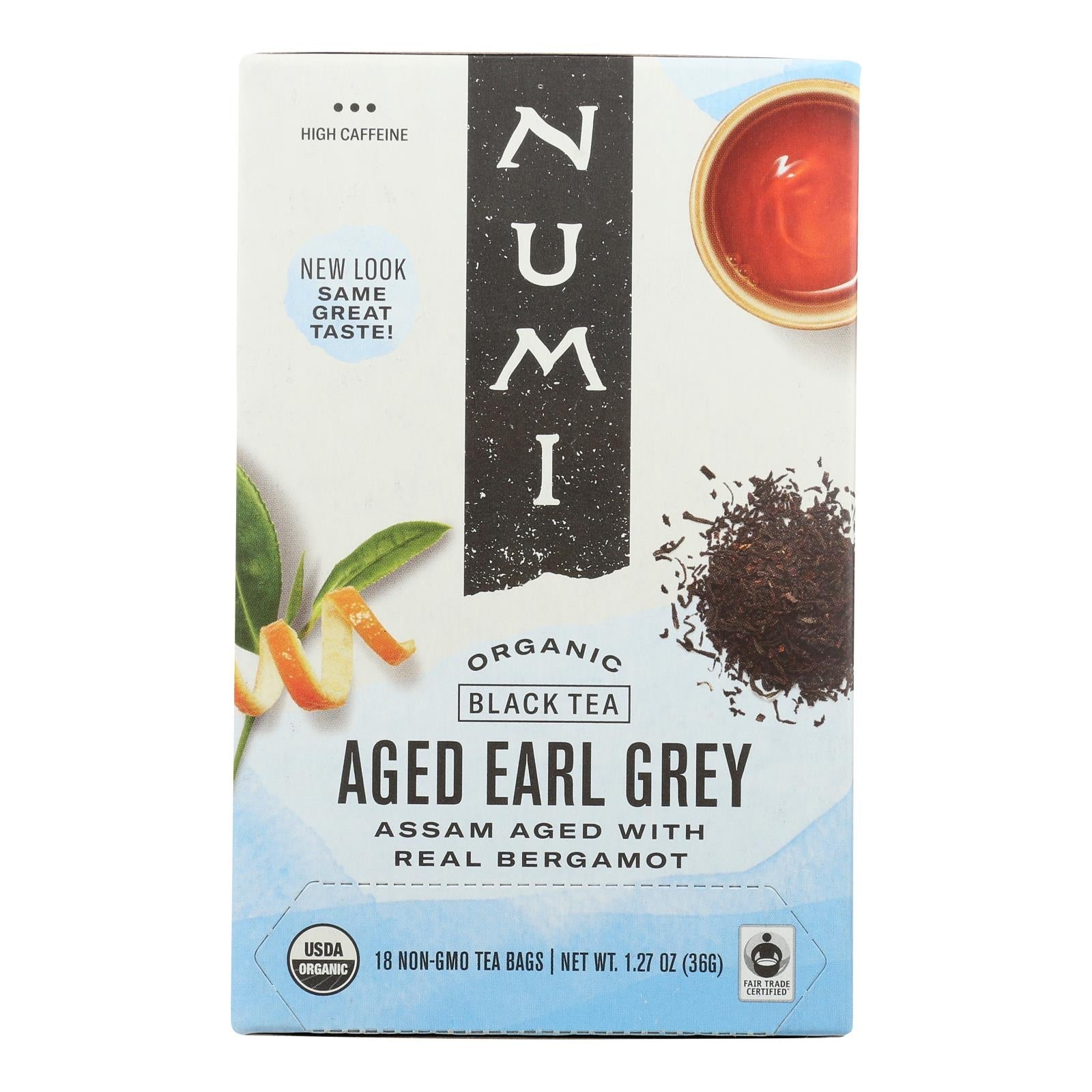 Té negro con bergamota y Earl Grey añejo Numi, 18 bolsitas por caja (paquete de 6) 
