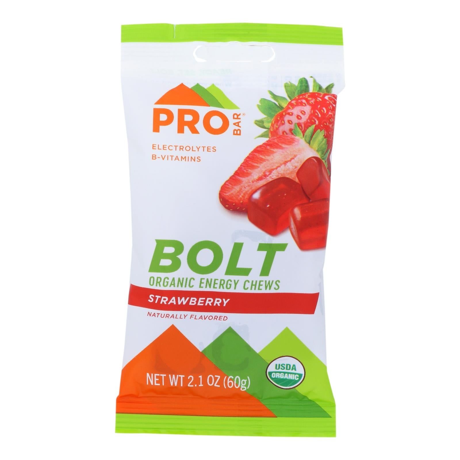 Masticables energéticos Pro Bar Bolt sabor fresa (paquete de 12 - 2.1 oz)
