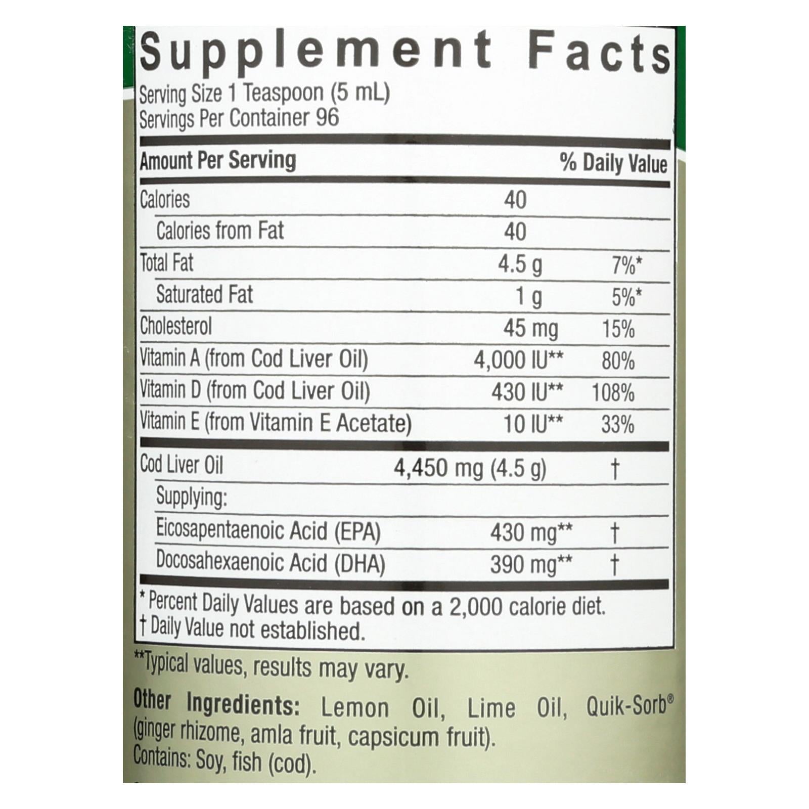 Aceite de hígado de bacalao noruego premium Nature's Answer - Rico en ácidos grasos omega 3 - 16 onzas líquidas