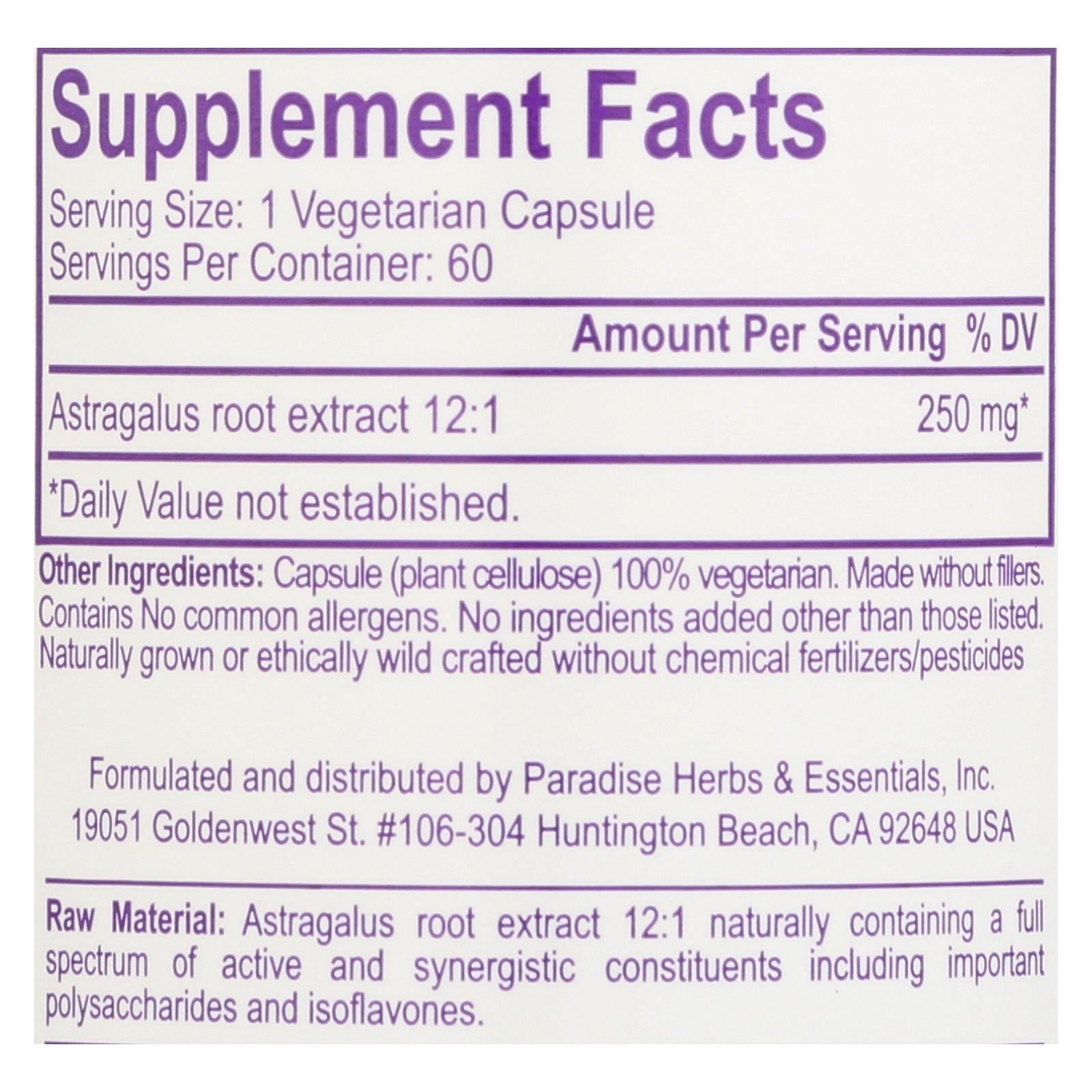 Cápsulas vegetarianas de astrágalo Paradise Herbs, paquete de 60