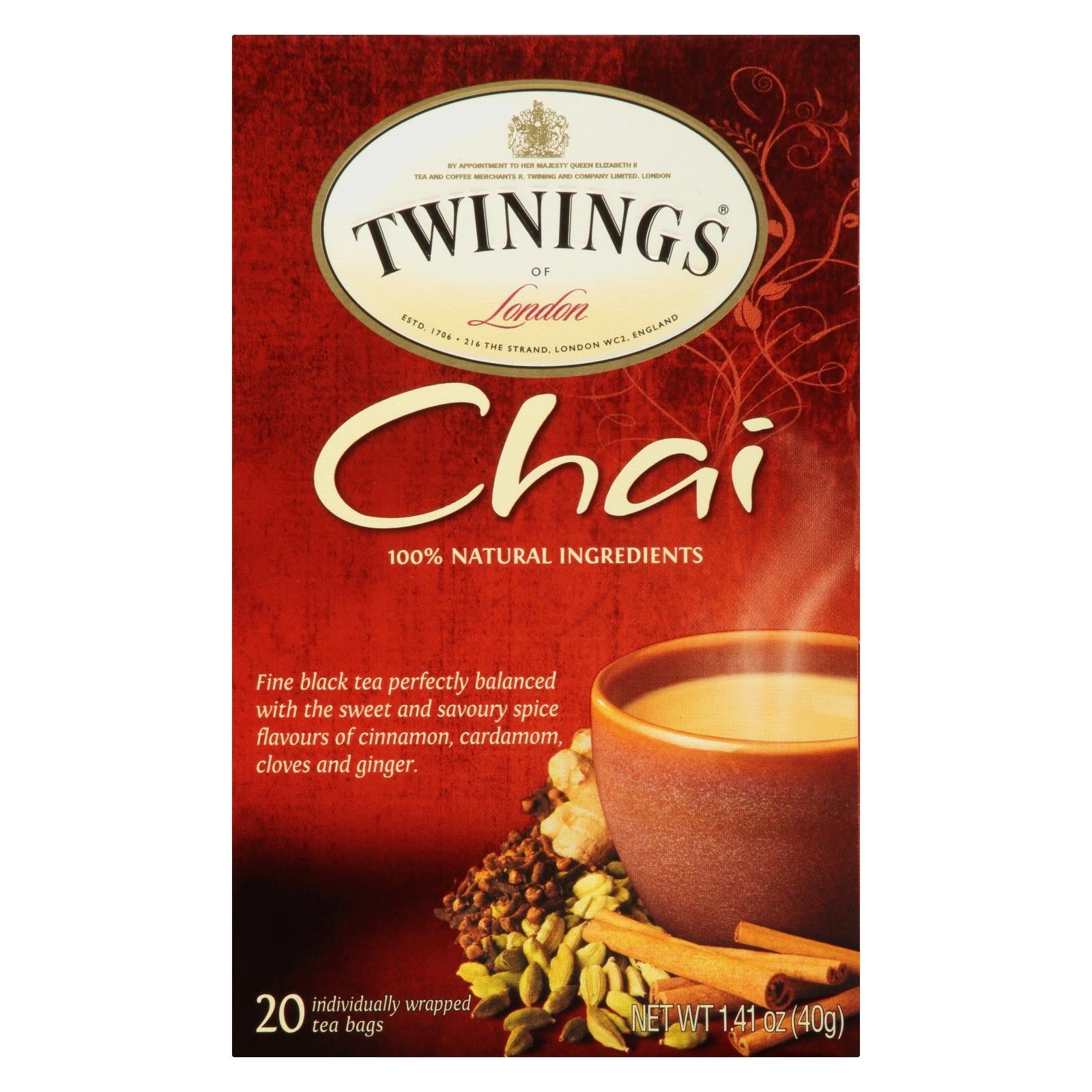 Té negro Chai Clásico Twinings, 20 bolsitas/caja (paquete de 6)
