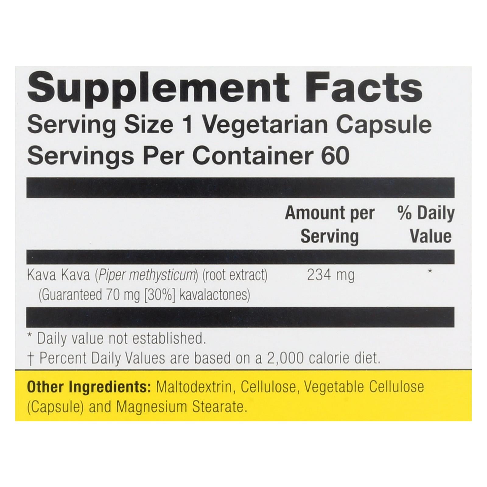 Extracto de raíz de kava kava Natural Balance 60 cápsulas vegetarianas