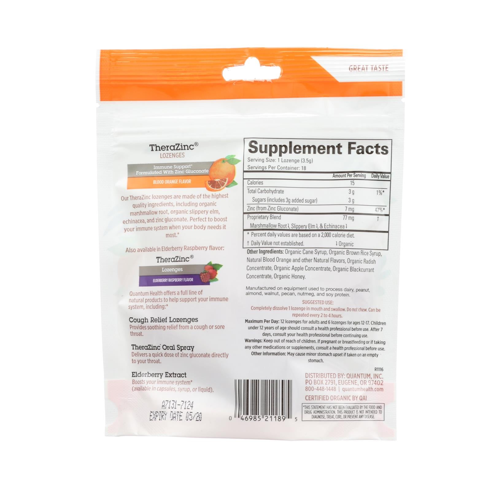 Pastillas Thera-Zinc de Quantum Research - Naranja sanguina, suplemento para el sistema inmunitario