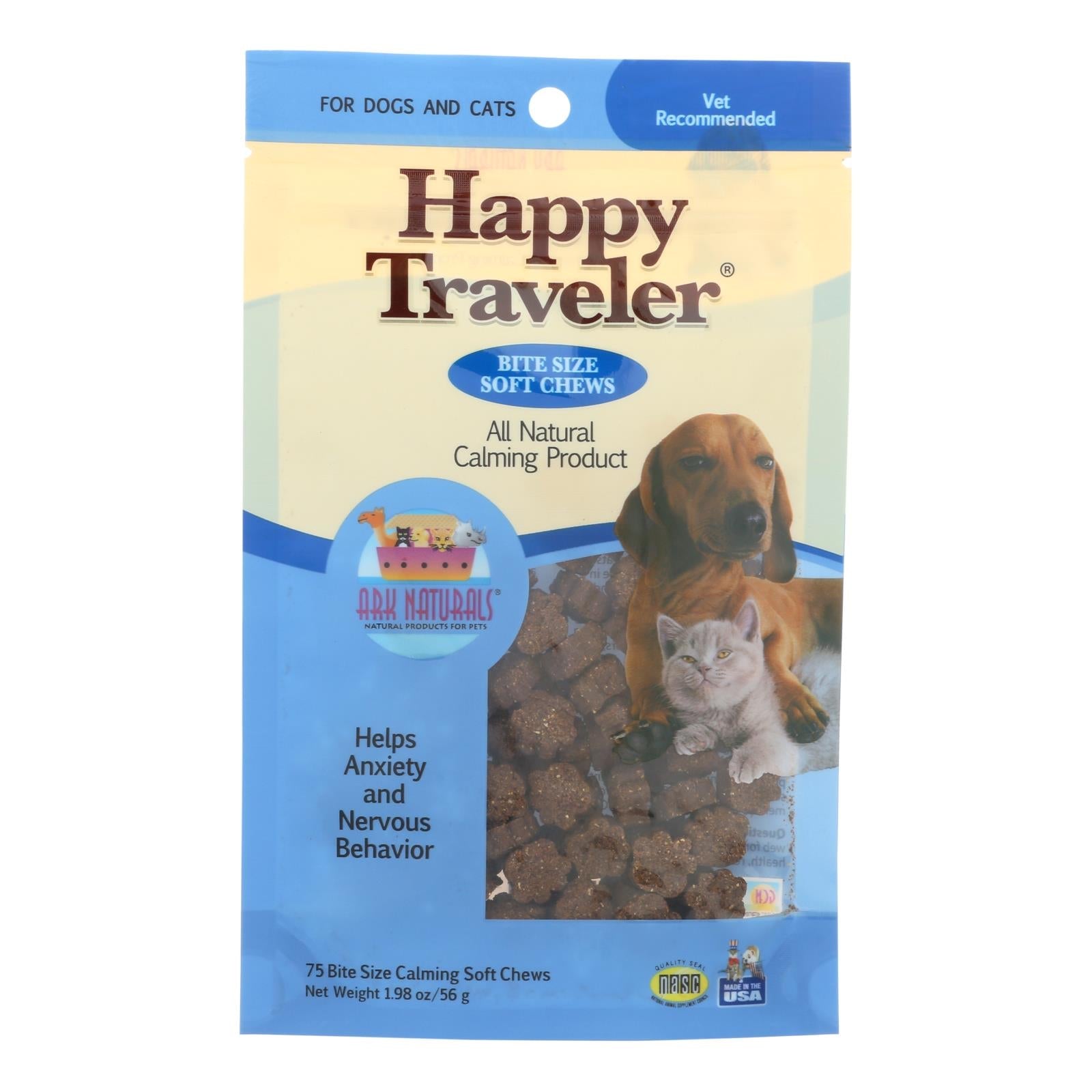 Ark Naturals Happy Traveler para perros y gatos (75 masticables blandos) - Suplemento calmante 