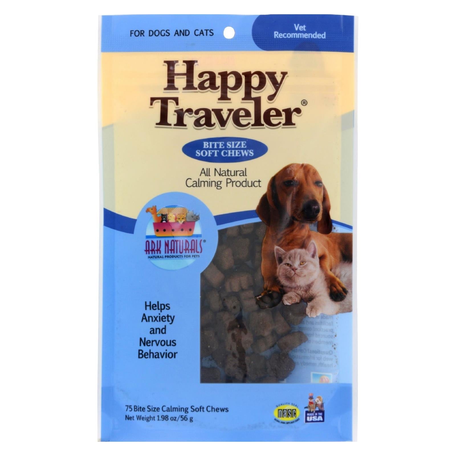 Ark Naturals Happy Traveler para perros y gatos (75 masticables blandos) - Suplemento calmante 