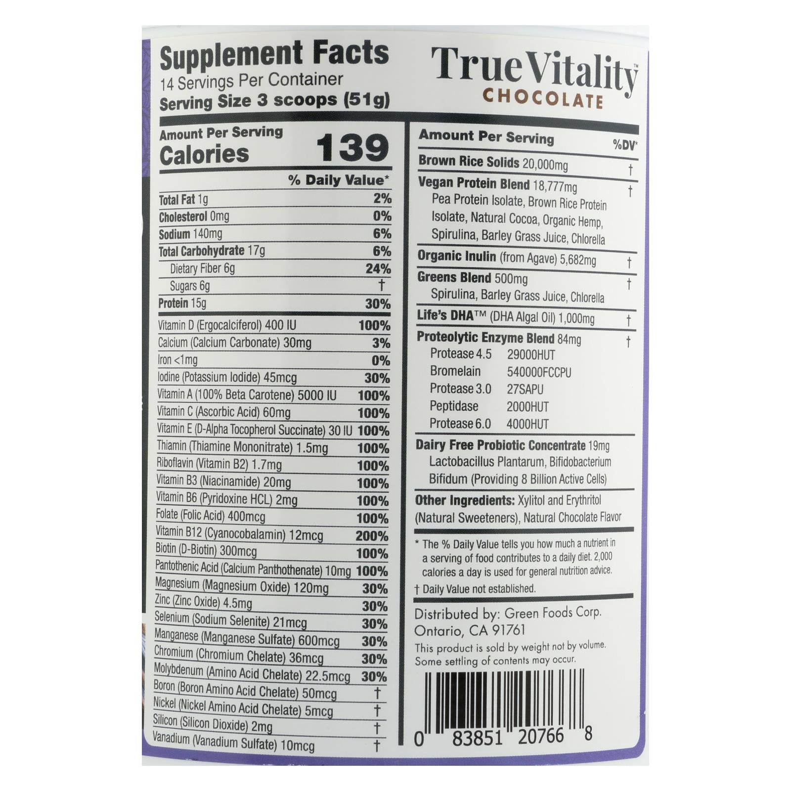 Batido de proteína vegetal Green Foods True Vowelity con DHA sabor chocolate - 750 ml