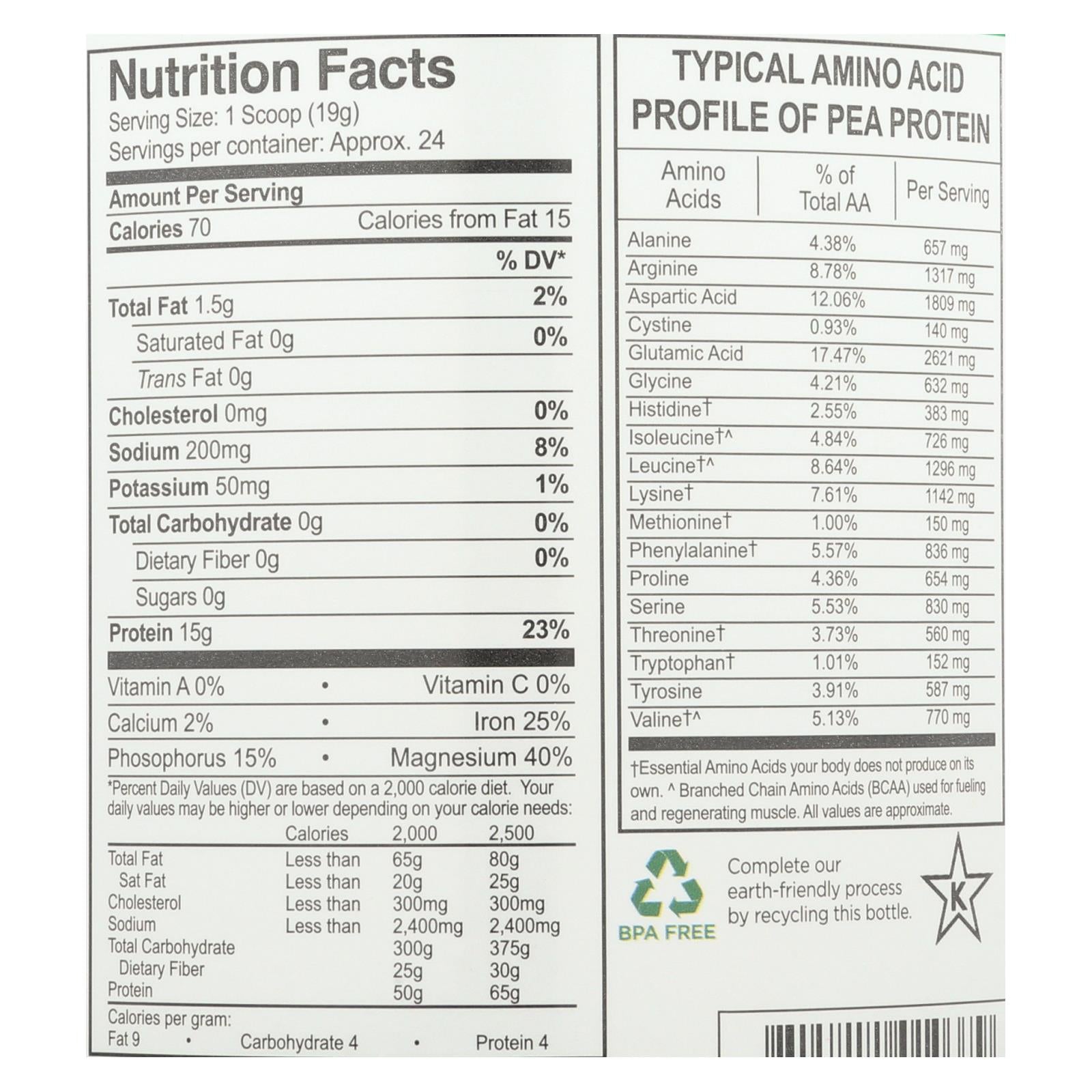 Proteína de guisante amarillo orgánico Growing Naturals - Original, 16 oz.