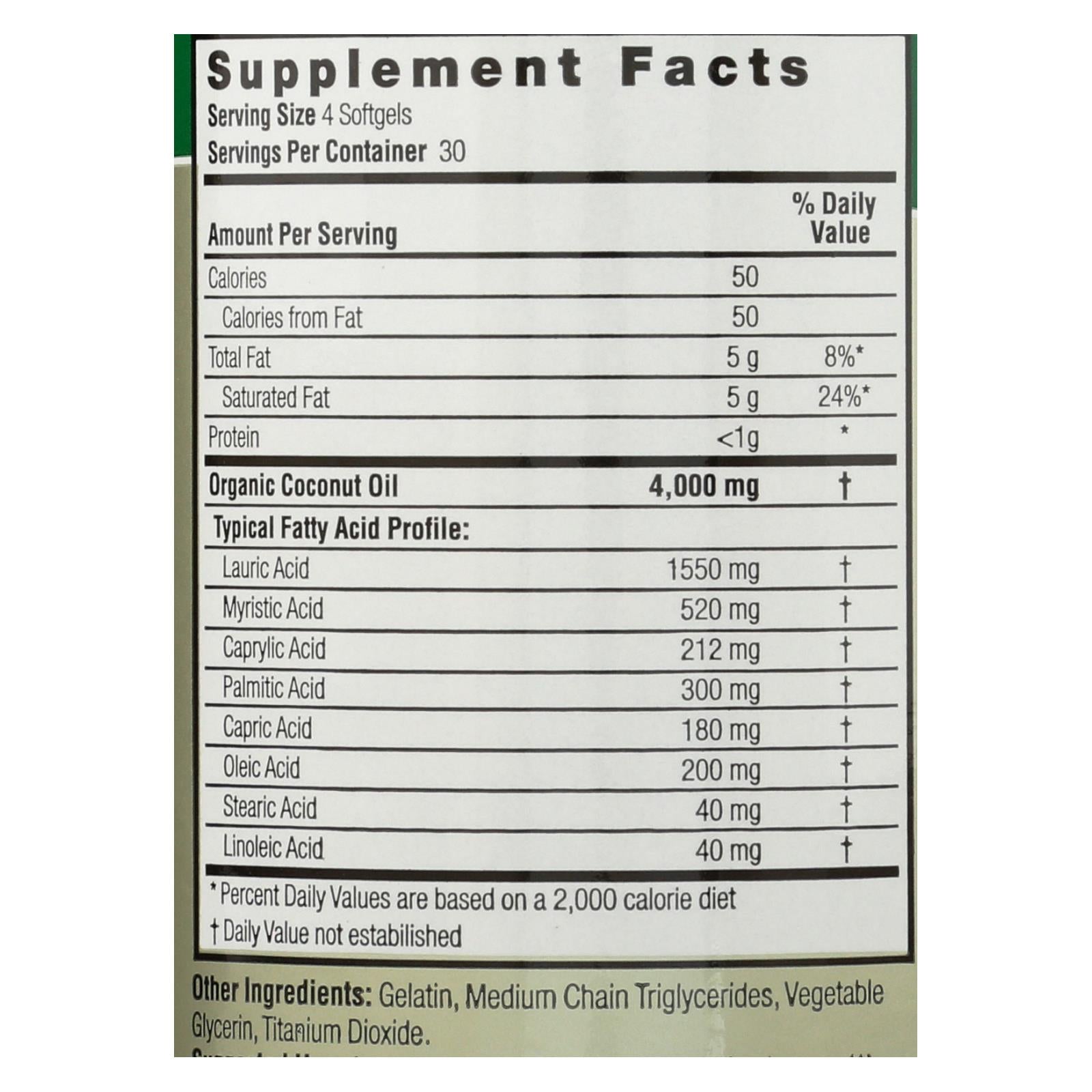 Cápsulas blandas de aceite de coco virgen extra orgánico Nature's Answer - Paquete de 120
