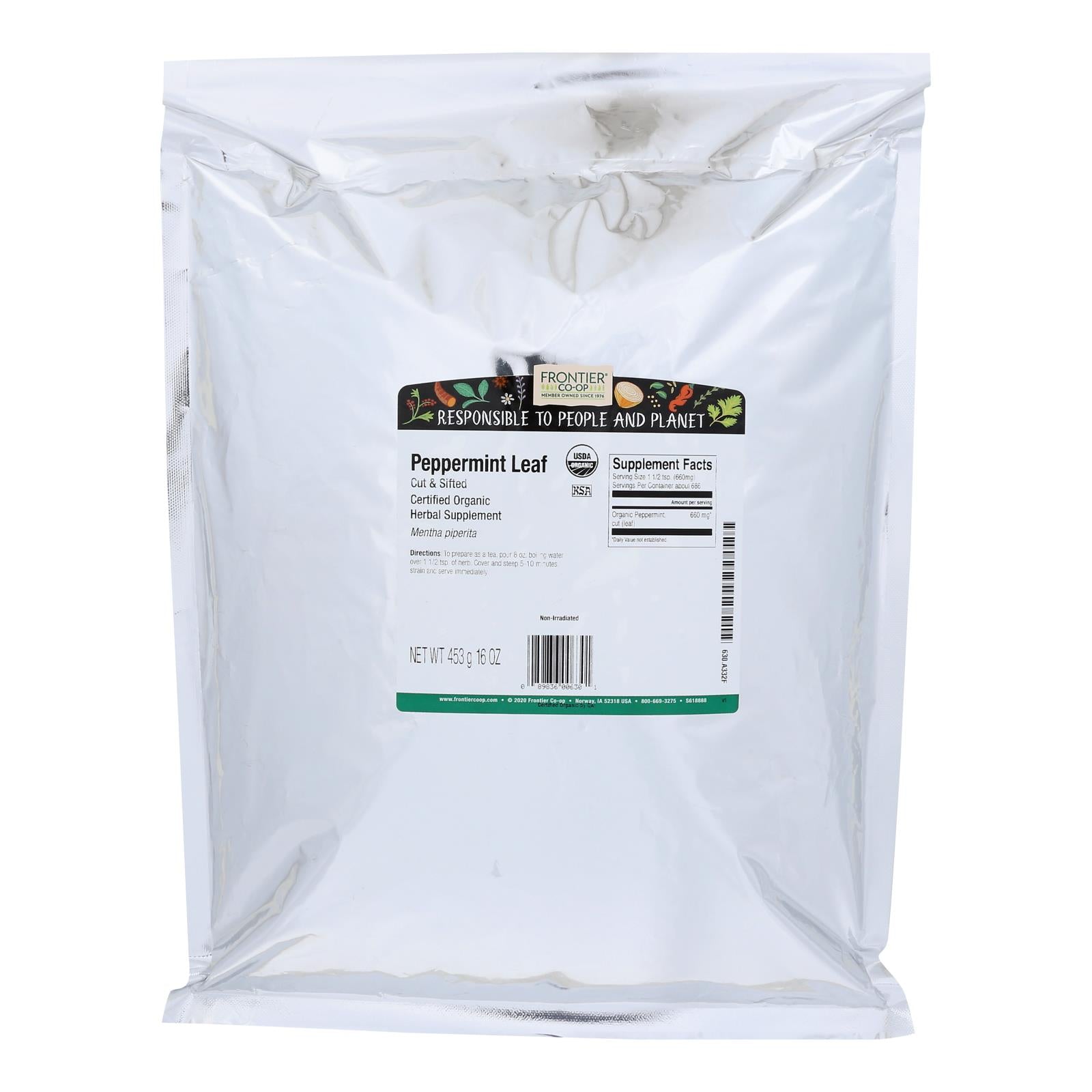 Hojas de menta orgánica cortadas y tamizadas Frontier Herb - 1 lb 