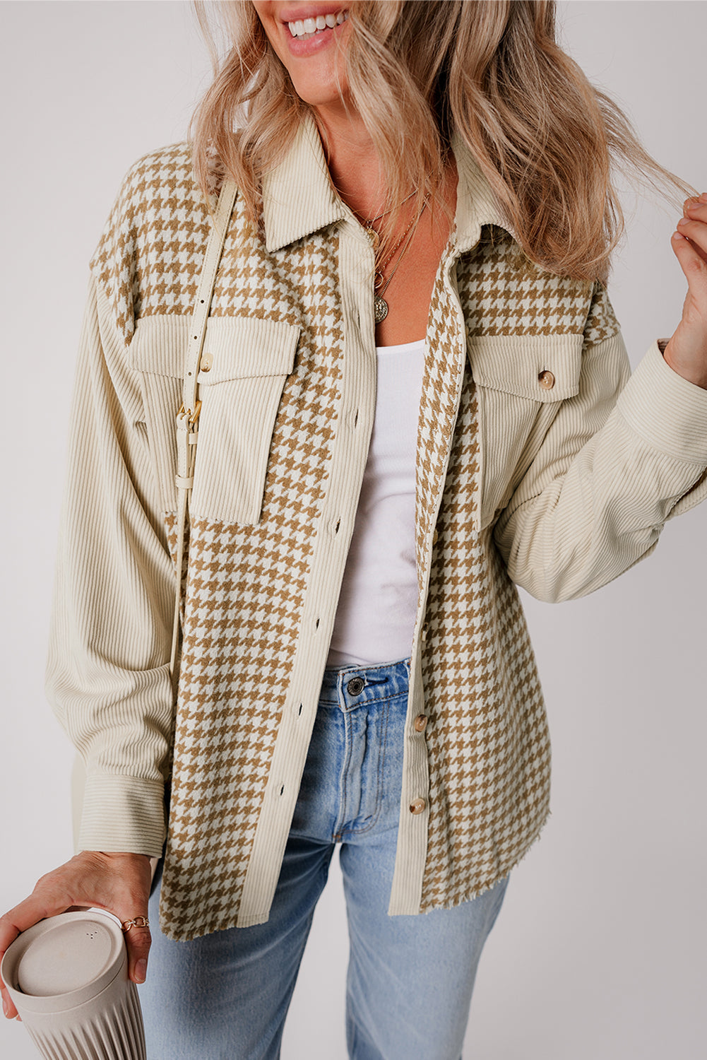 Long-Sleeve Corduroy Button-Down Shirt with Houndstooth