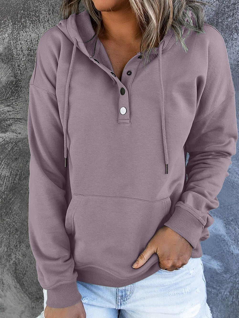 Drawstring V-Neck Hoodie with Front Pocket