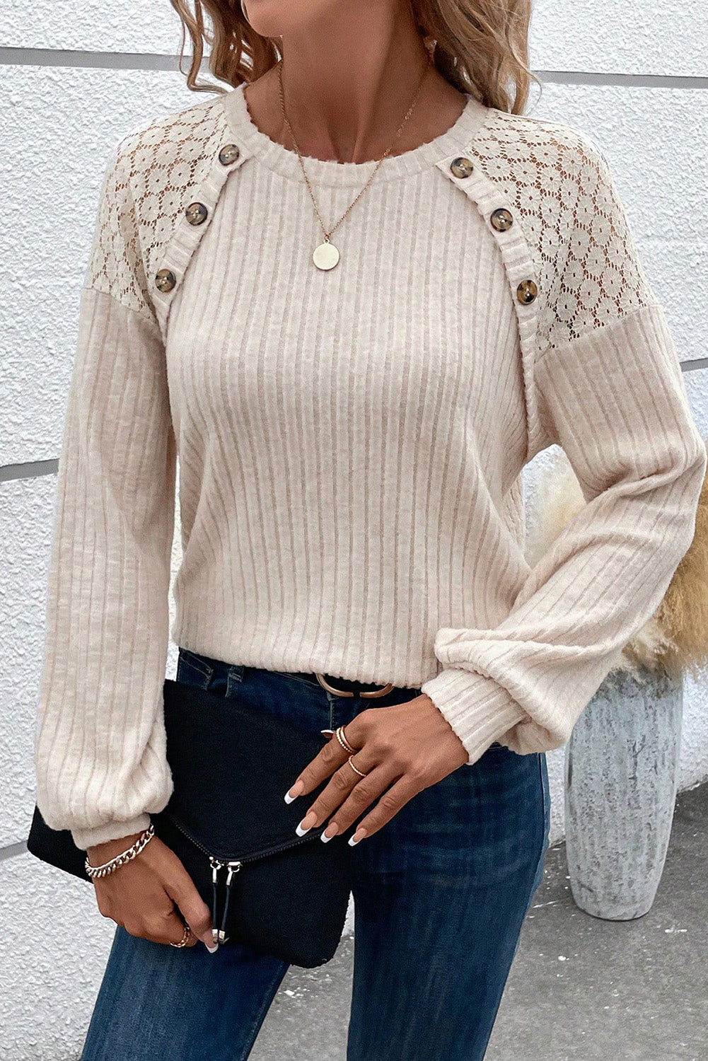 Long Sleeve Color Block Sweater with Lace Sleeves