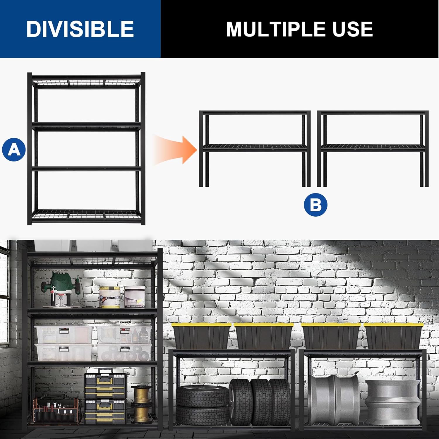 BILT HARD 46" W x 24" D x 72" H Heavy Duty Garage Shelving, 4-Tier Industrial Metal Shelving Units with Adjustable Shelf, Steel Utility Shelves for Warehouse, Garage, Black