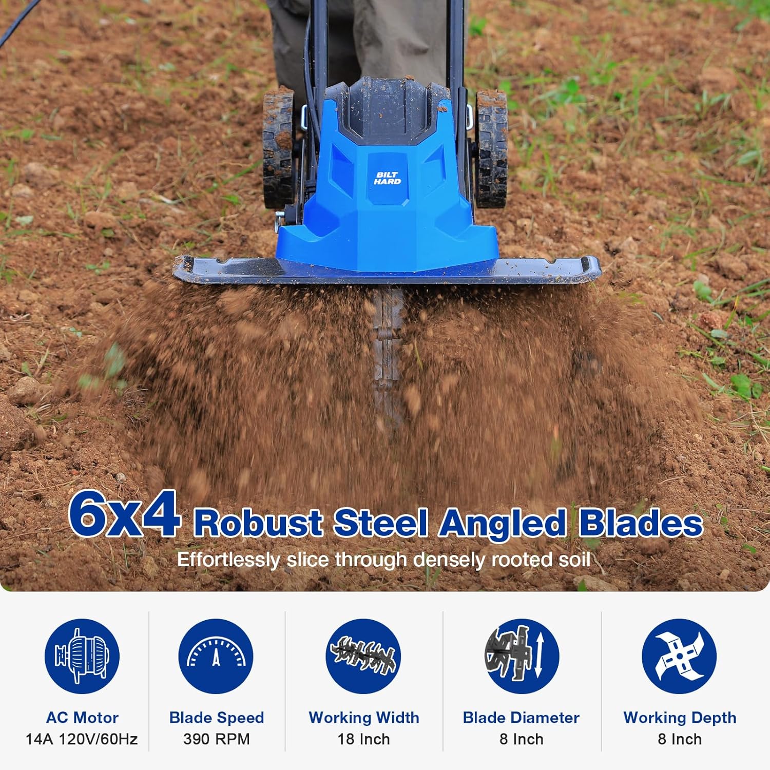 BILT HARD 18" Electric Garden Tiller & Cultivator, 14-Amp Corded Rototiller with 6 Steel Tines, Adjustable Wheels, Foldable Handle, 8-Inch Tilling Depth for Lawn, Yard & Garden Soil