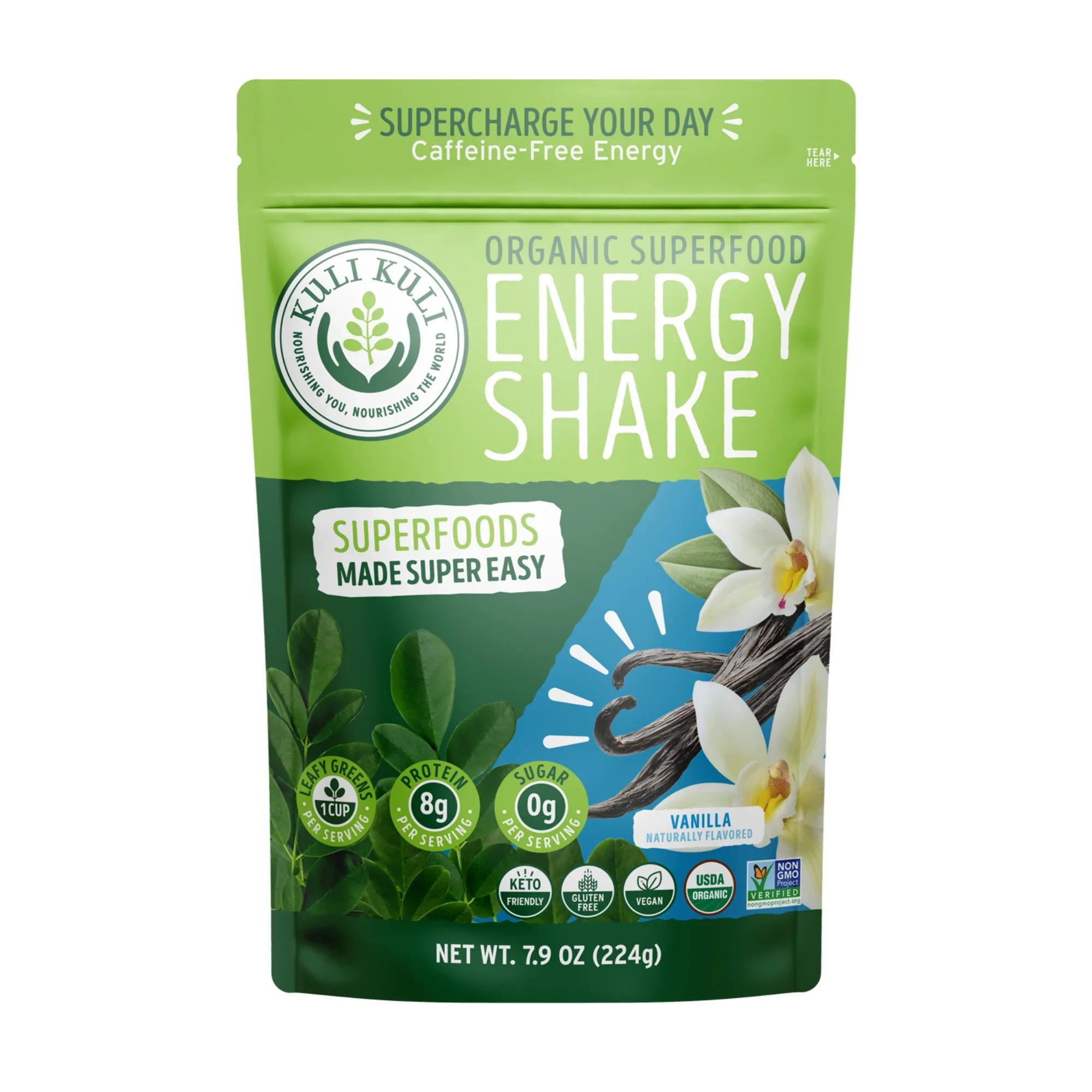 Kuli Kuli Moringa Verdes y Proteína en Polvo - 7.6 Oz, Sabor Vainilla
