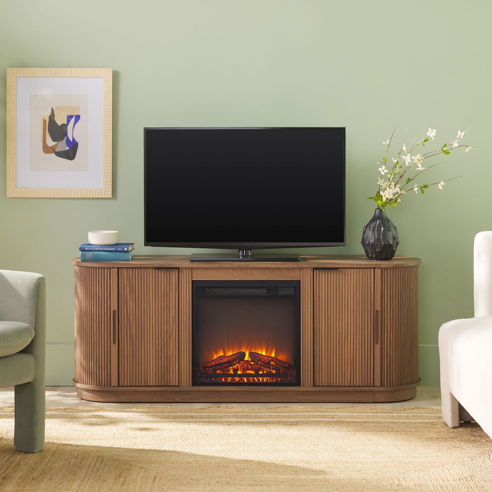 Mueble de TV con chimenea de caña escandinava moderna Chloe en 2 tamaños
