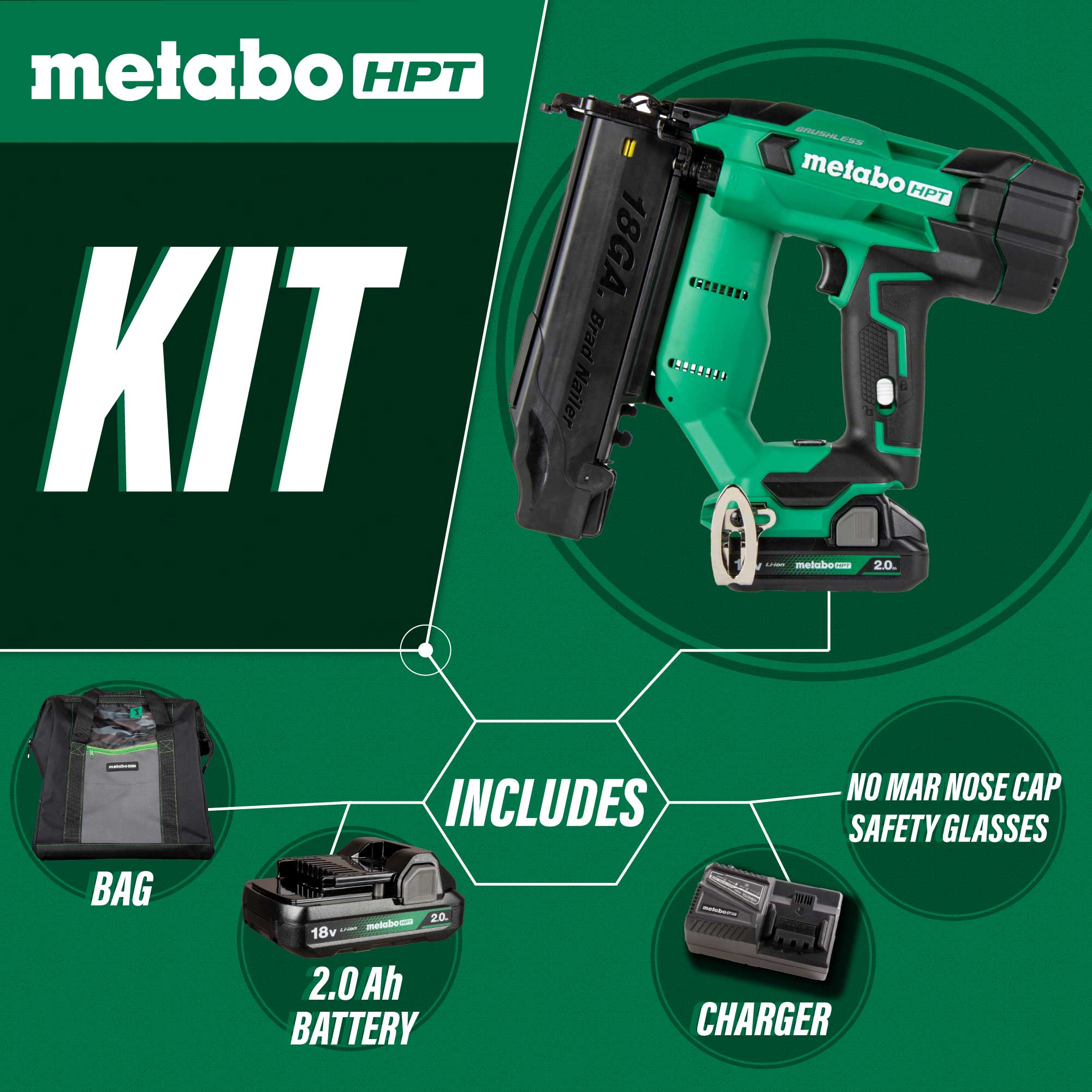 Metabo HPT NT1850DFTM 18V Compact 18 Gauge Cordless Brad Nailer Kit (1x2.0Ah)