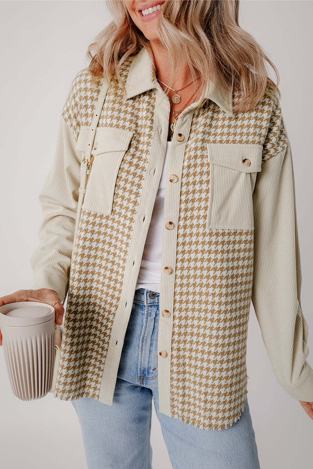 Long-Sleeve Corduroy Button-Down Shirt with Houndstooth